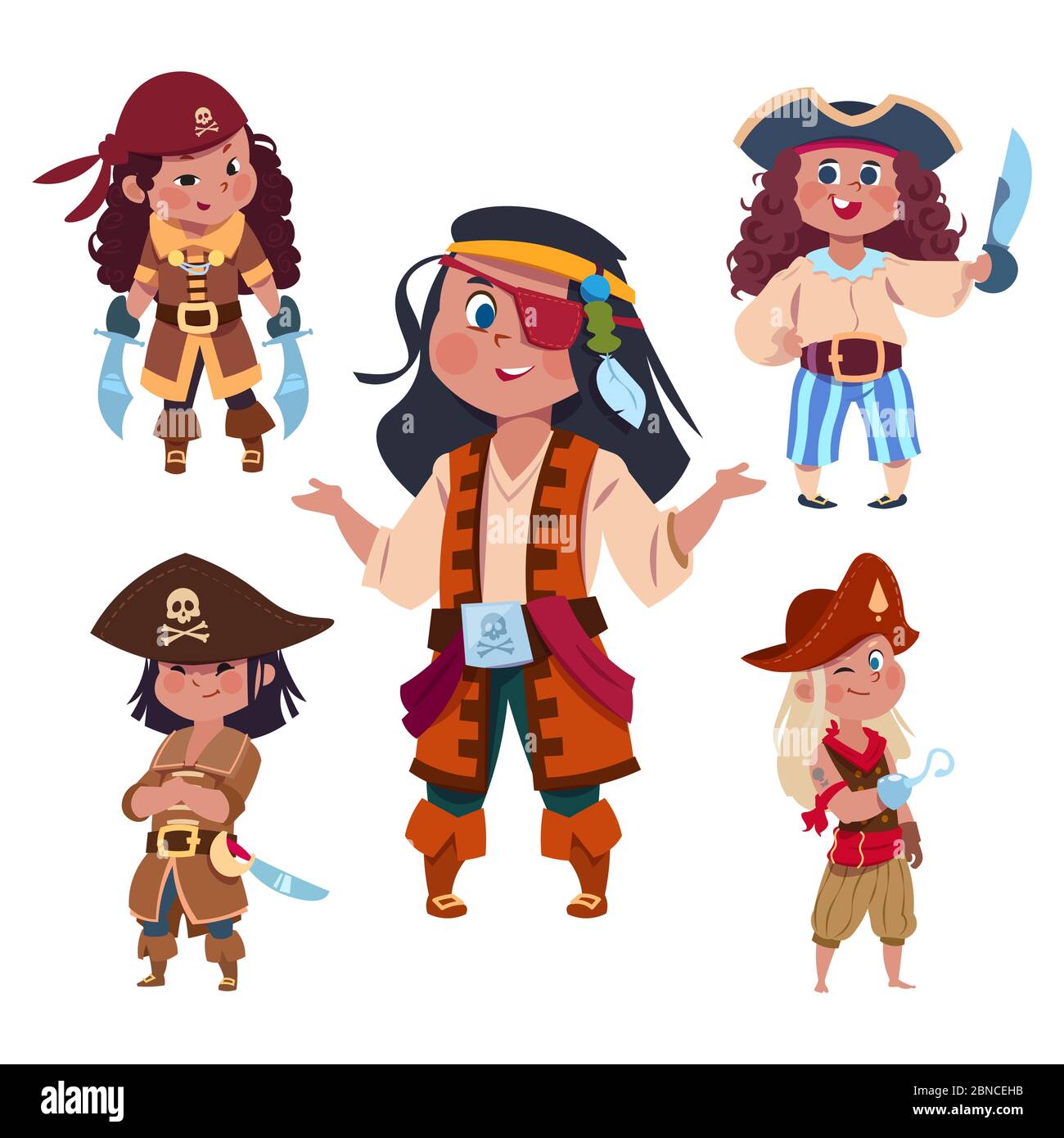 Cartoon character girl pirates isolated on white background. Illustration of pirate character with hook and sabre, pirating costume carnival Stock Vector