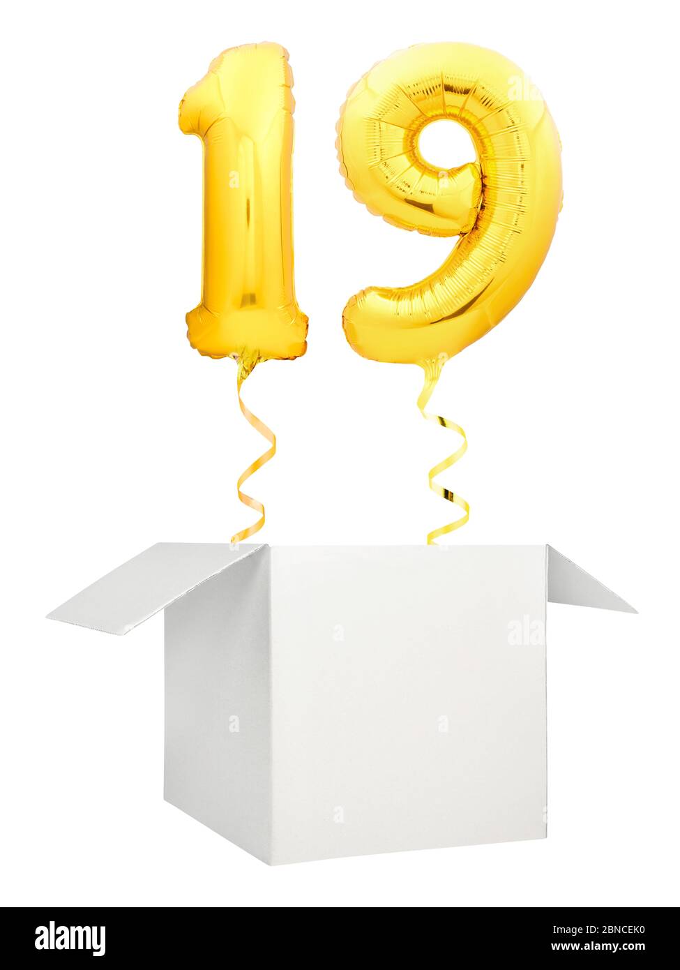 Golden number ninety balloon flying out of blank white box isolated on white background Stock Photo