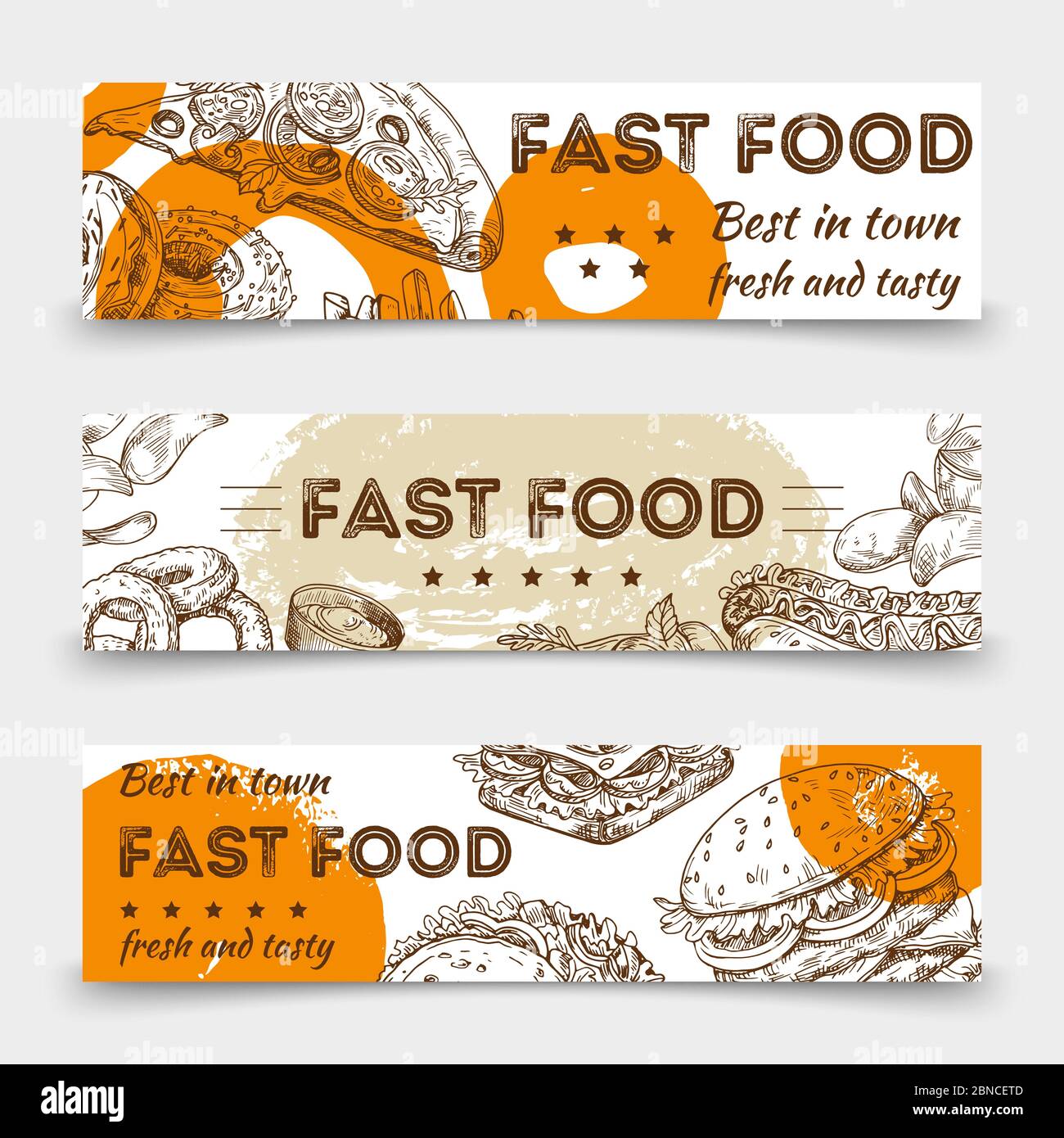 Sketched fast food vector banners template design. Illustration of sketched fast food and snack sketch, hamburger and sandwich Stock Vector