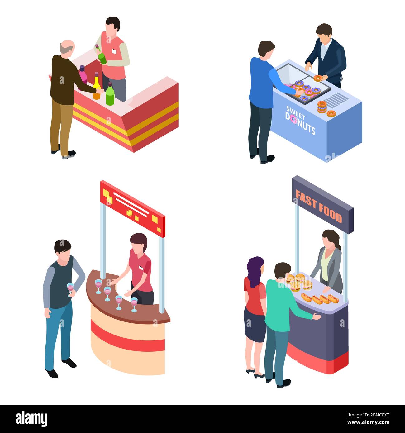 Isometric tasting food and drinks at promotional stands vector illustration. Promotion stand fast food, 3d distributor counter Stock Vector