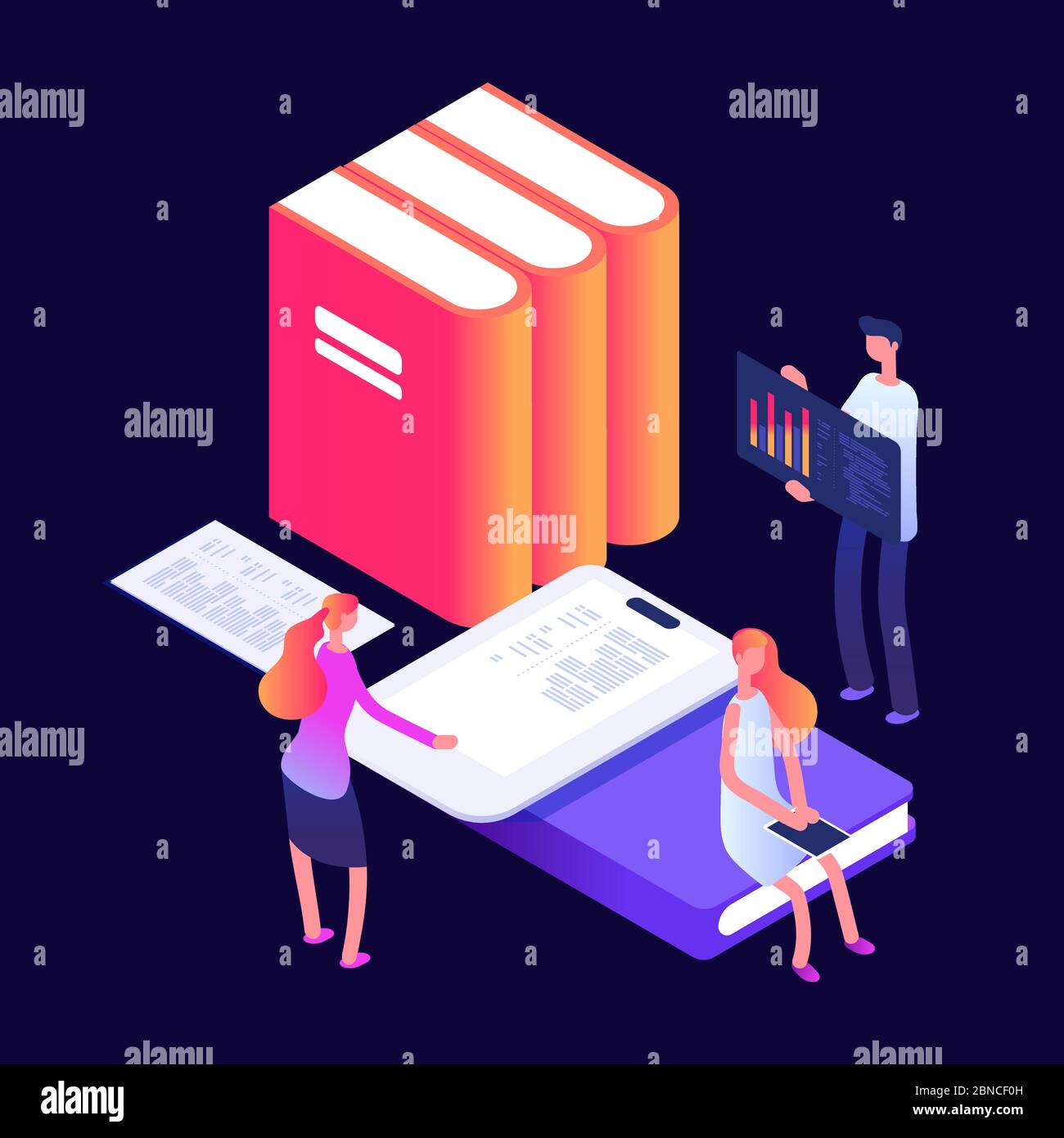 Online and self education vector concept with books and people. Education and study with e-book, online teaching illustration Stock Vector
