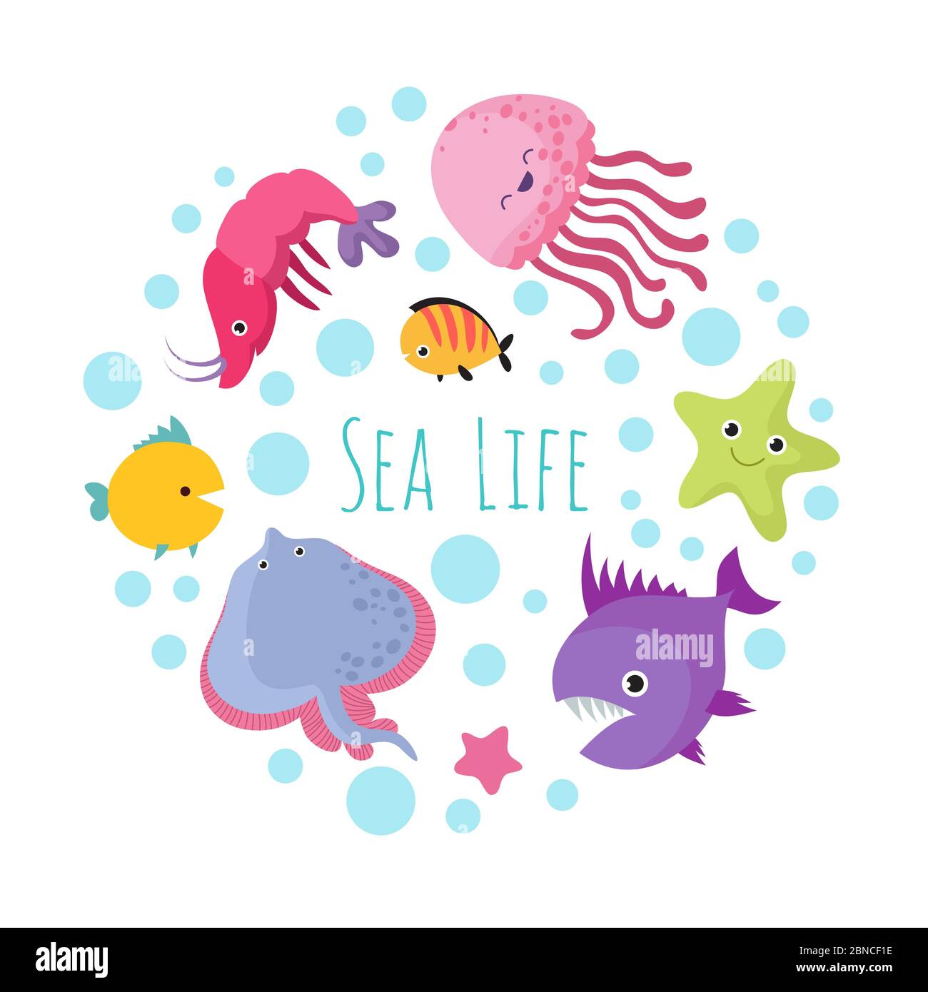 Cute cartoon sea life animals isolated on white background. Sea animal, ocean fish underwater illustration Stock Vector