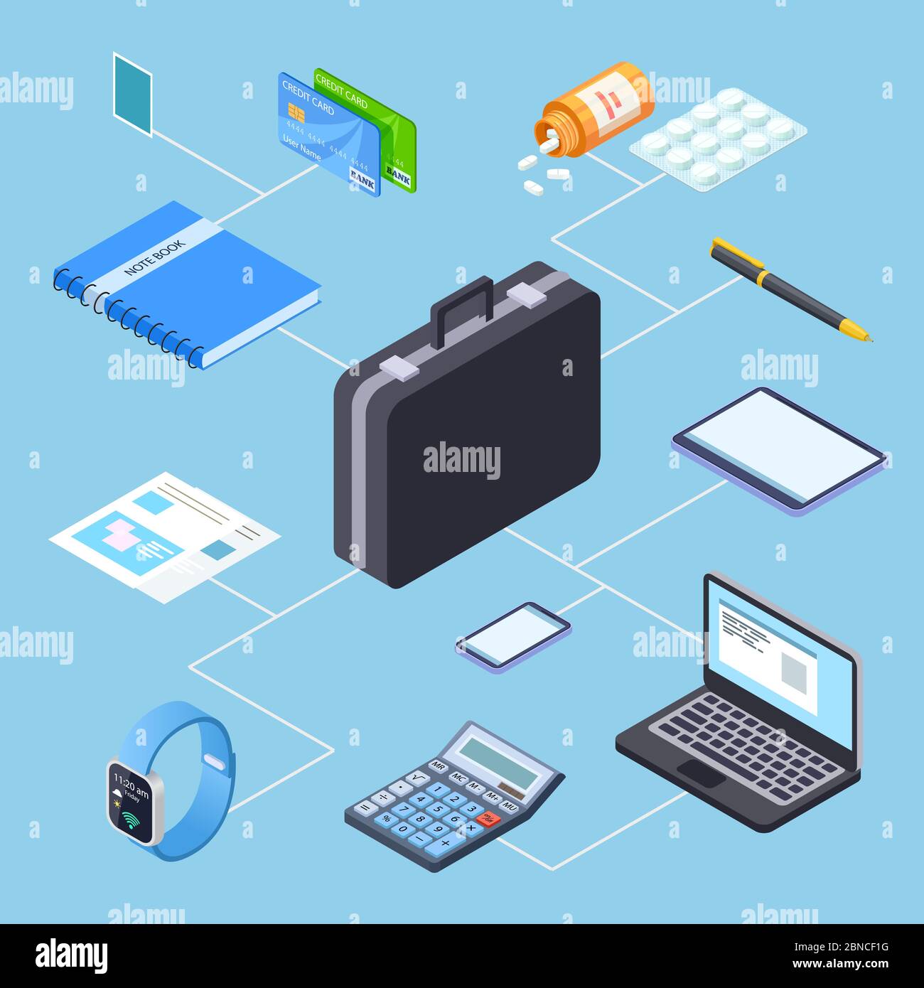 Business person suitcase and its contents isometric vector illustration