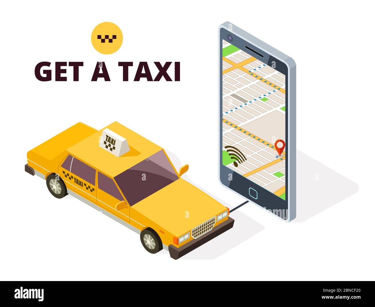 Isometric mobile taxi and gps city map. Navigation system for taxi and life with 3D smartphone and taxi car. City app taxi isometric, application location illustration Stock Vector