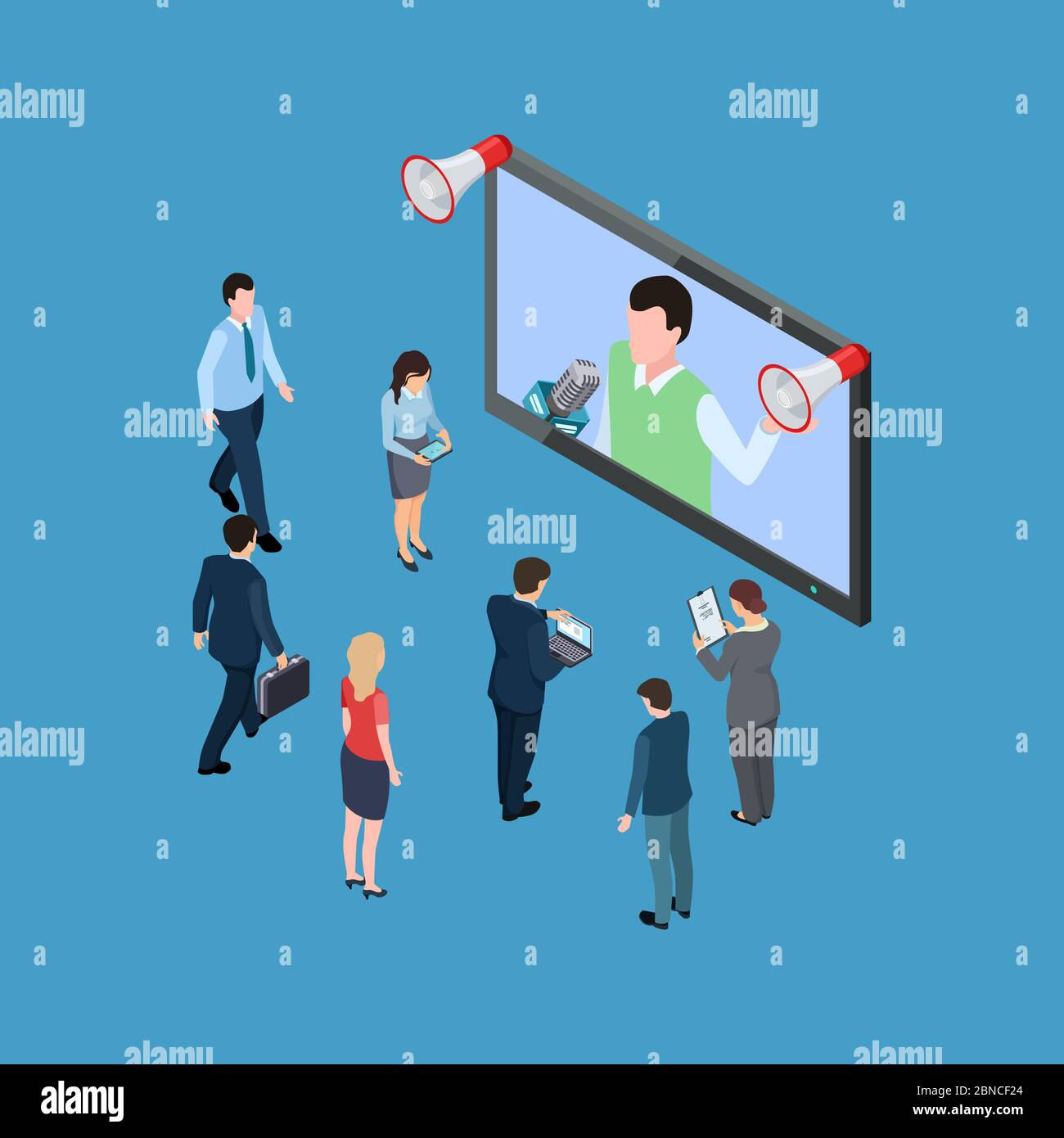 Business people with megaphones and TV show isometric vector illustration. Megaphone communication screen with advertisement Stock Vector