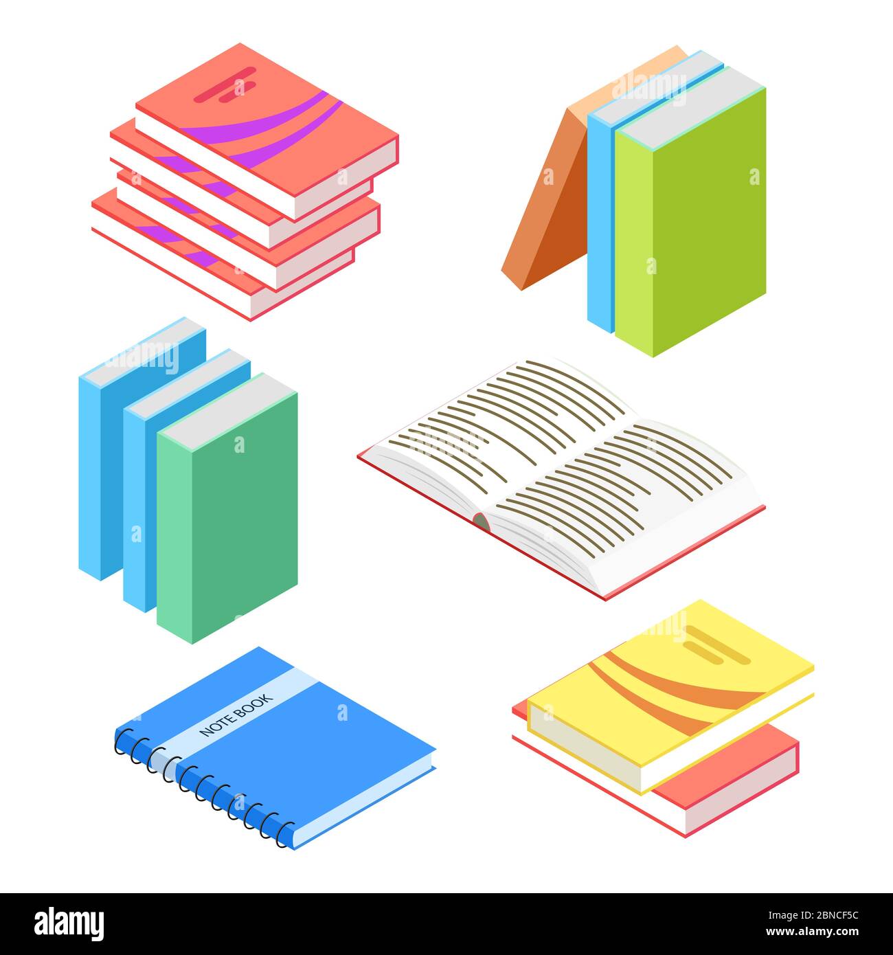 Isometric books and notepad isolated on white background. Education isometric book, 3d stack. Vector illustration Stock Vector