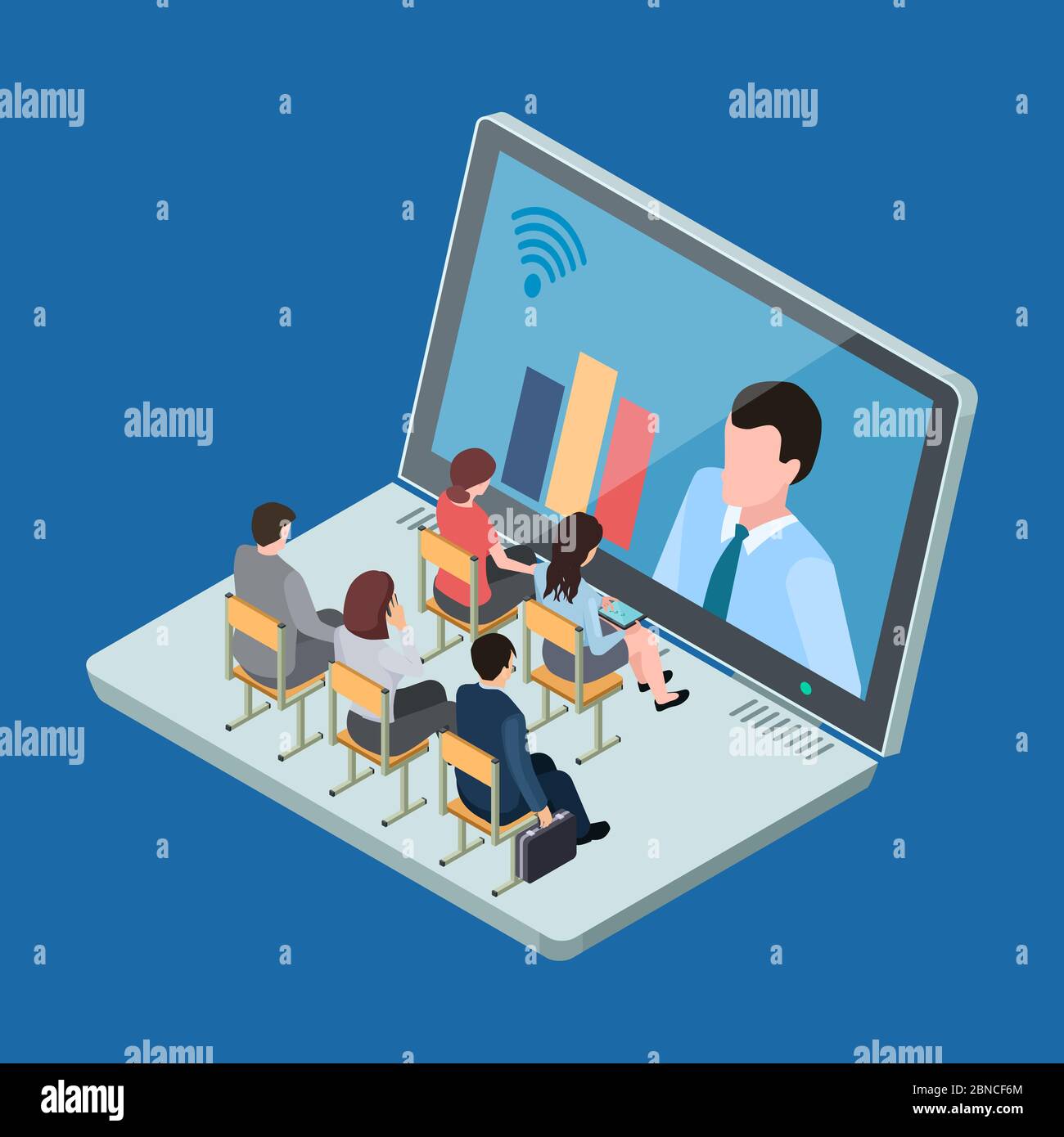 Online education or business training isometric vector concept. Education and training with technology, study learning illustration Stock Vector