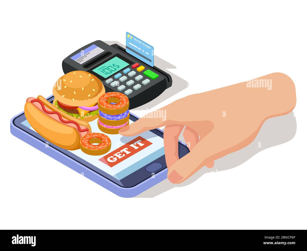 Order food with phone isometric vector illustration. Order food service, mobile online app Stock Vector