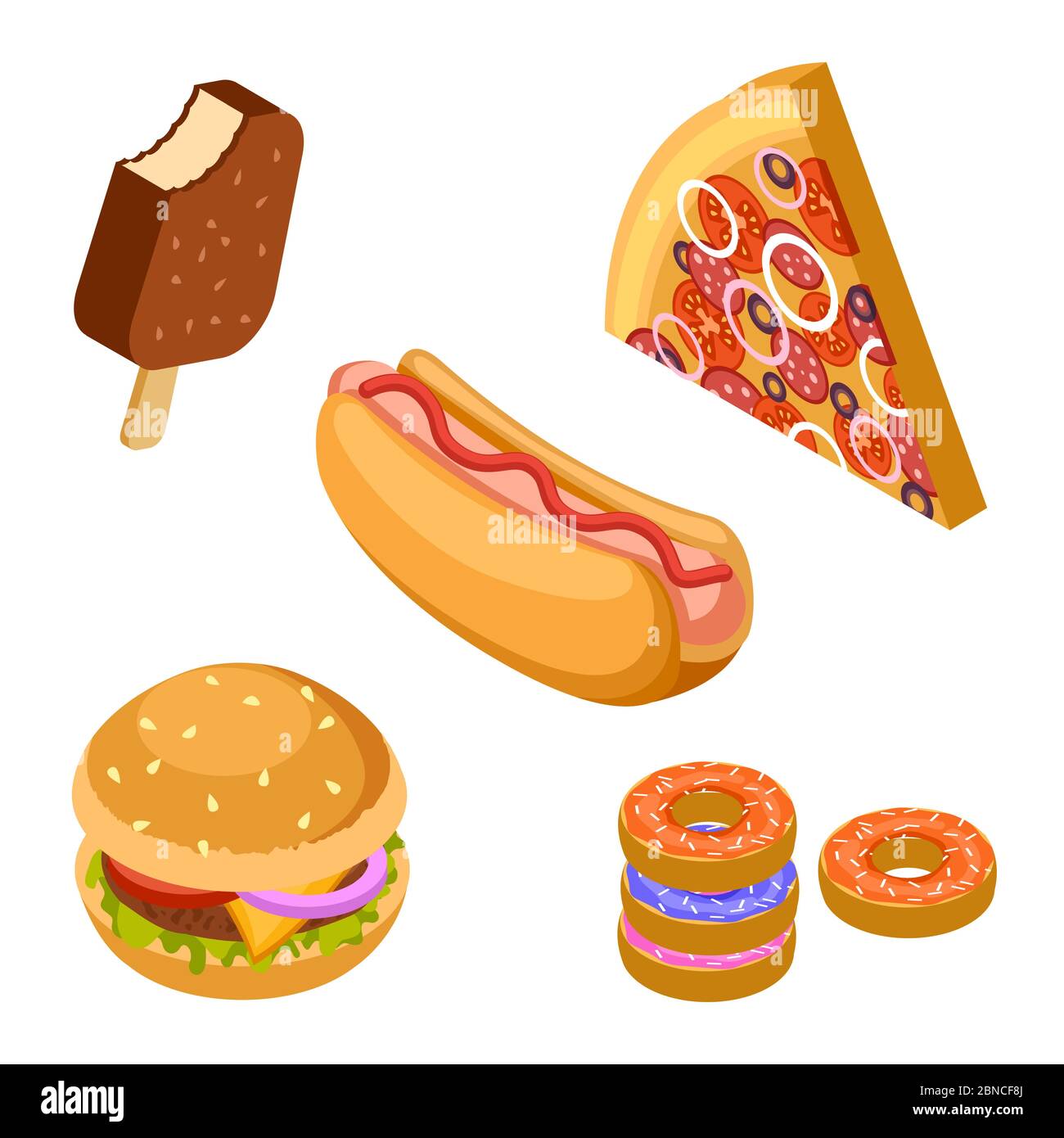 Tasty fast food isolated on white background. Isometric burger, ice cream, pizza, donuts and hot dog vector. Illustration of fast food lunch, 3d delicious sandwich Stock Vector
