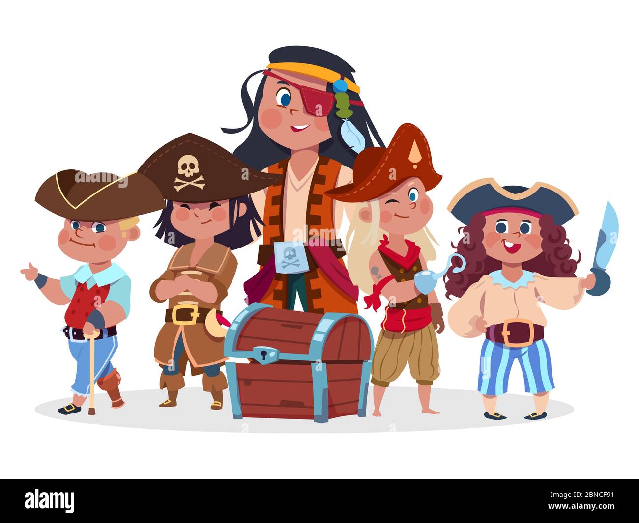 Pirates kids team and treasure chest vector isolated on white background. Crew of pirate, buccaneer character with chest illustration Stock Vector