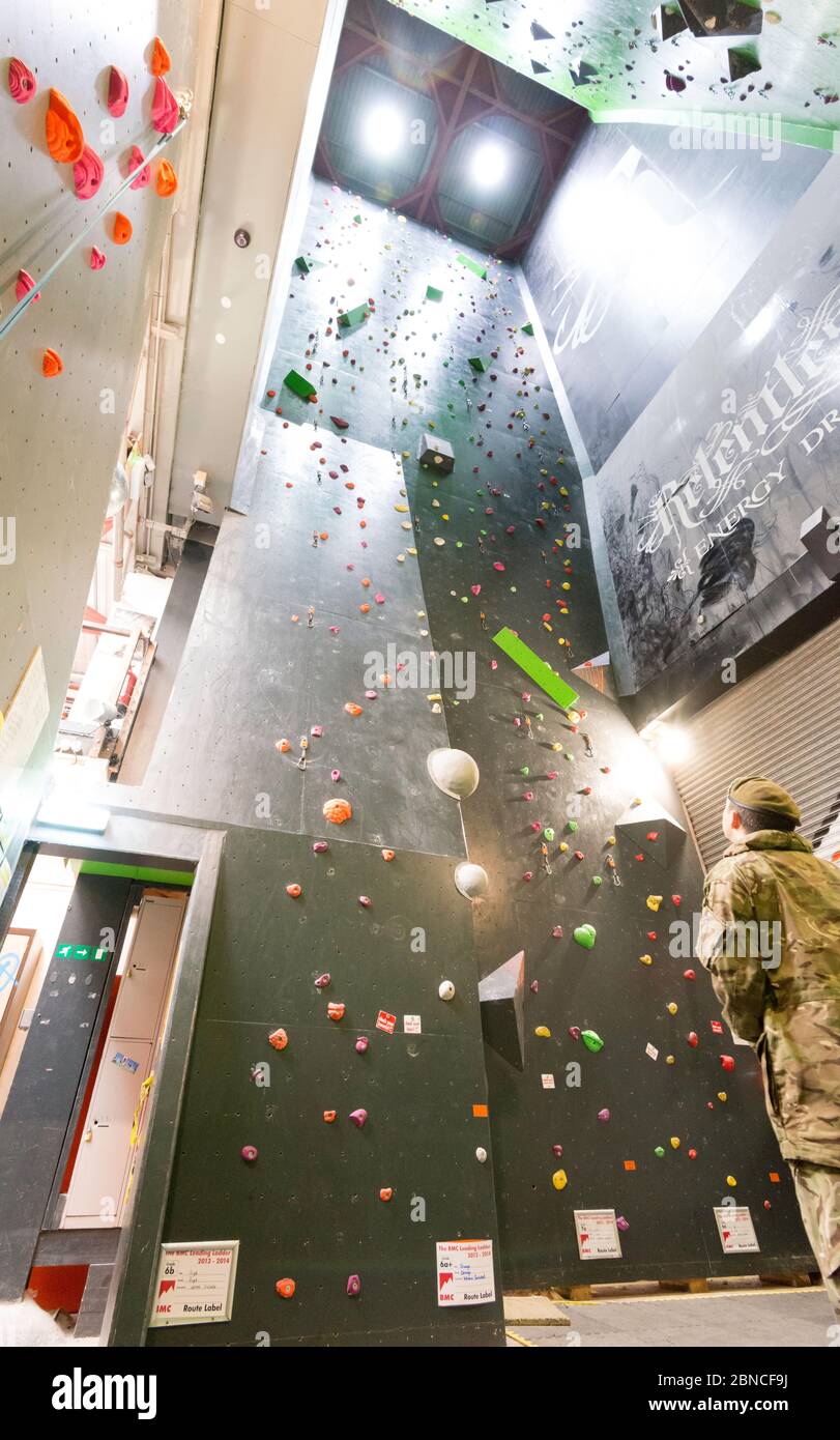 High indoor climbing wall inside an old grain silo at ROKT in Brighouse