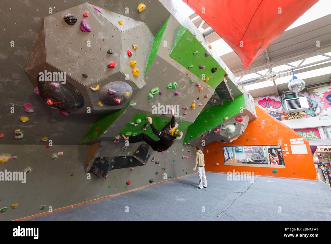 Indoor Bouldering and climbing wall at ROKT in Brighouse, West Yorkshire Stock Photo