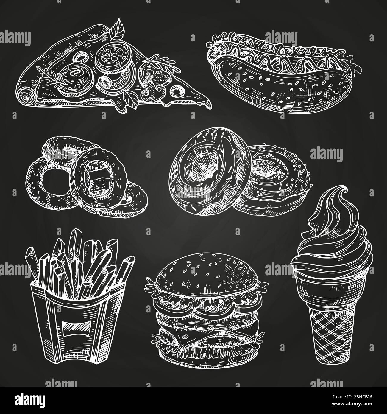 Hand drawn popular fast food on blackboard vector illustration. Fast food menu blackboard, sandwich and snack Stock Vector