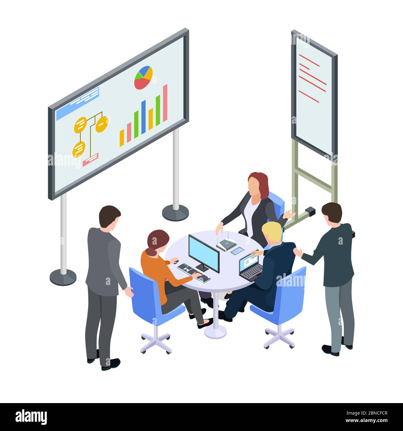 Isometric business meeting, businesspeople arguing vector illustration. Business meeting people, team businesspeople Stock Vector