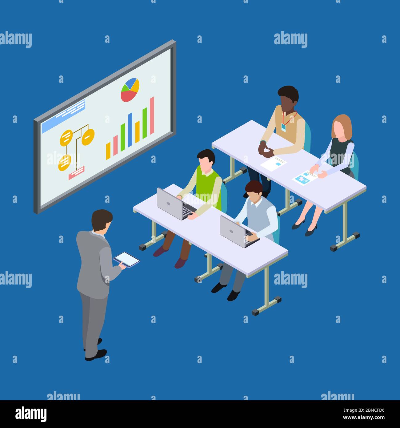Isometric presentation at the economic forum, economics lesson or business conference vector concept. Illustration of conference presentation isometric, training corporate team Stock Vector