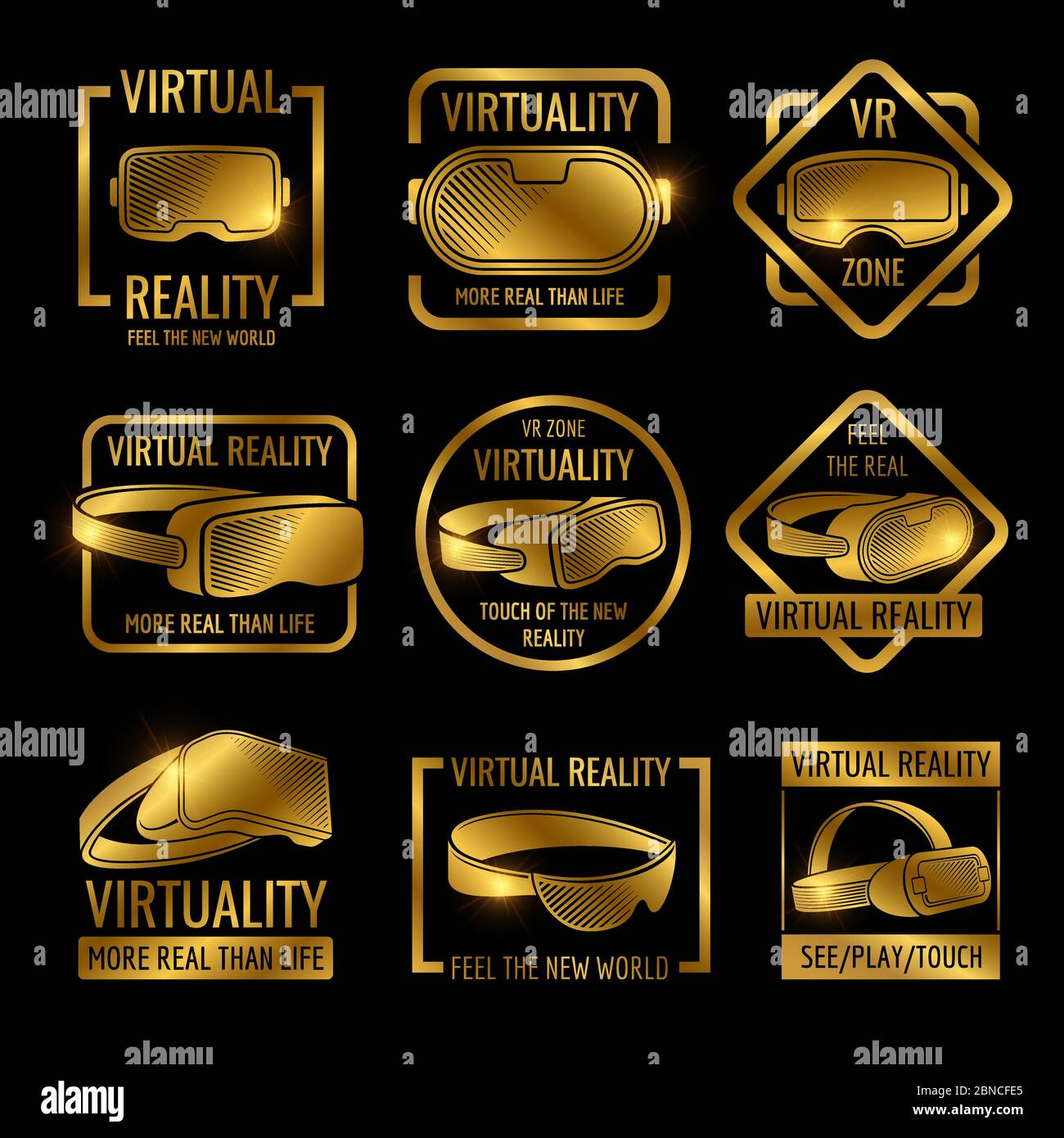 Golden virtual reality glasses and helmets label design. Vector vr logo zone, device for virtual cyberspace illustration Stock Vector