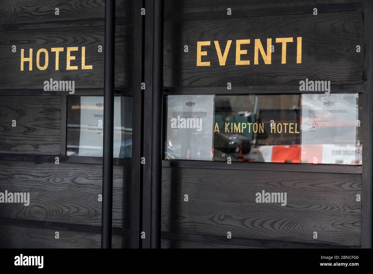 General view of Eventi A Kimpton Hotel closed because of COVID-19 pandemic on 6th Avenue. With tens of thousands of stores temporarily shut across the USA, economic shutdown and lingering social distancing behaviors many economists believe of broad shakeout of retail and hotel industries. (Photo by Lev Radin/Pacific Press/Sipa USA) Stock Photo