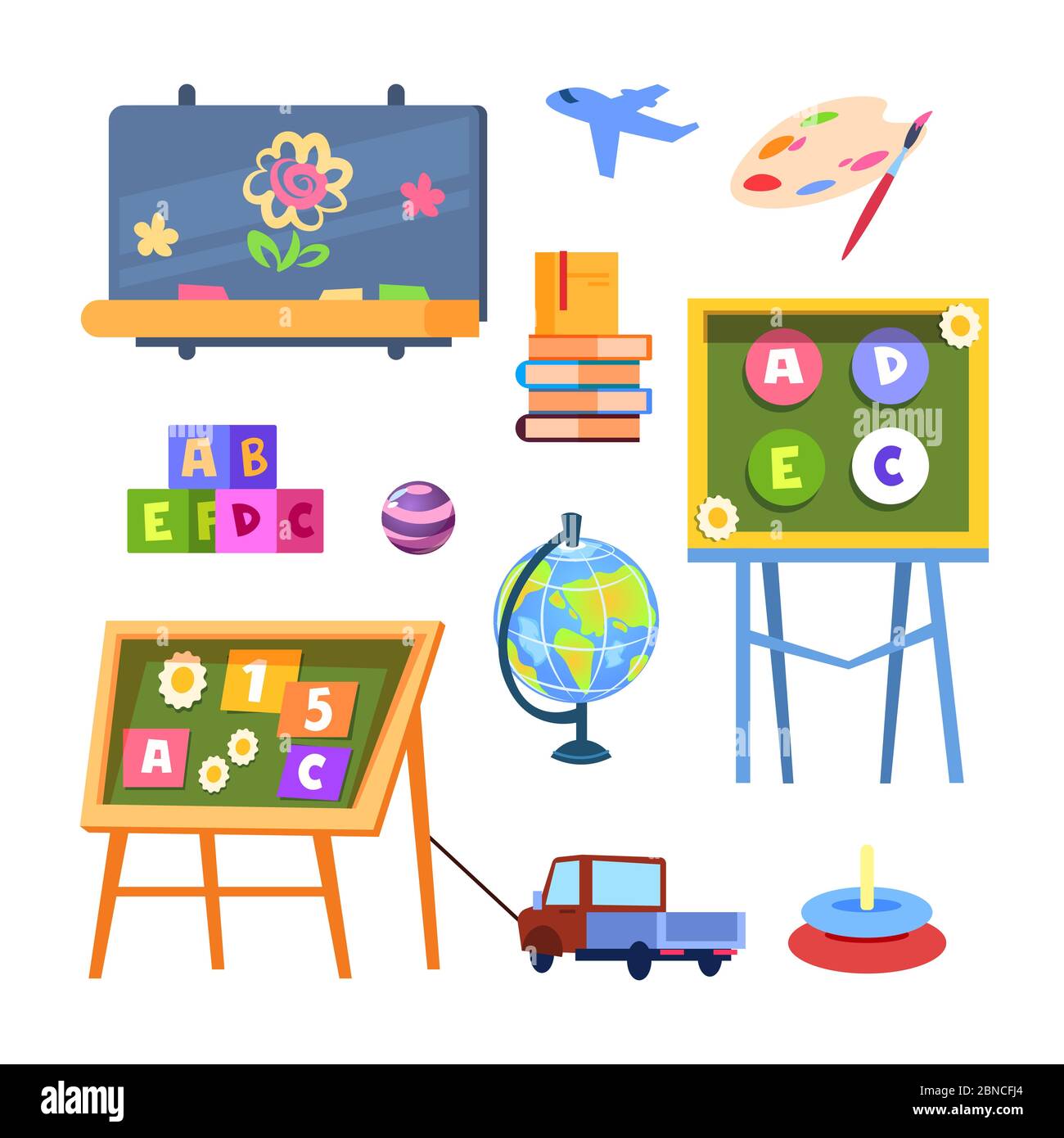 Kids toys and desks vector isolated on white background. Illustration of kids toy, child room with blackboard Stock Vector