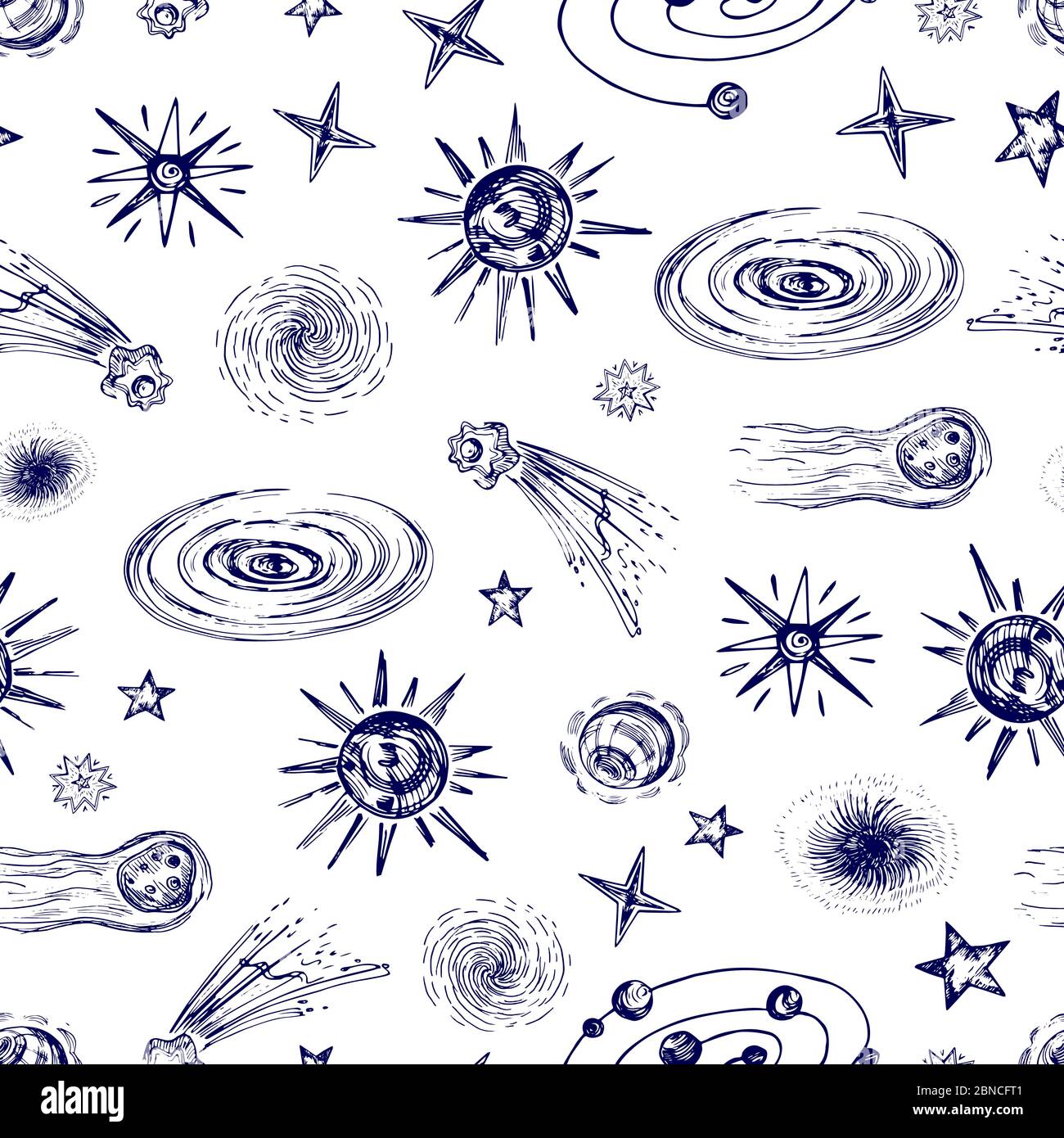 Space elements, planets, stars, asteroids seamless pattern. Space planet and asteroid, comet in galaxy. Vector illustration Stock Vector
