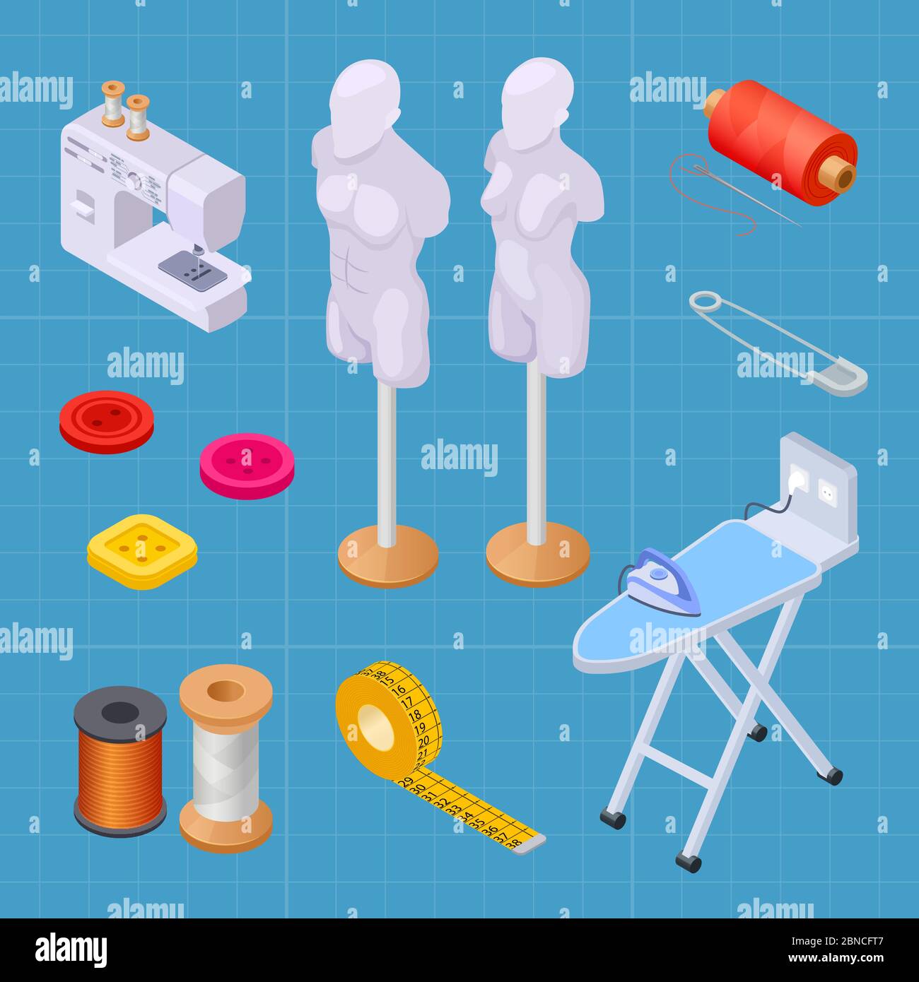 Sewing factory isometric set, sewing equipments vector collection. Isometric equipment, sewing machine illustration Stock Vector