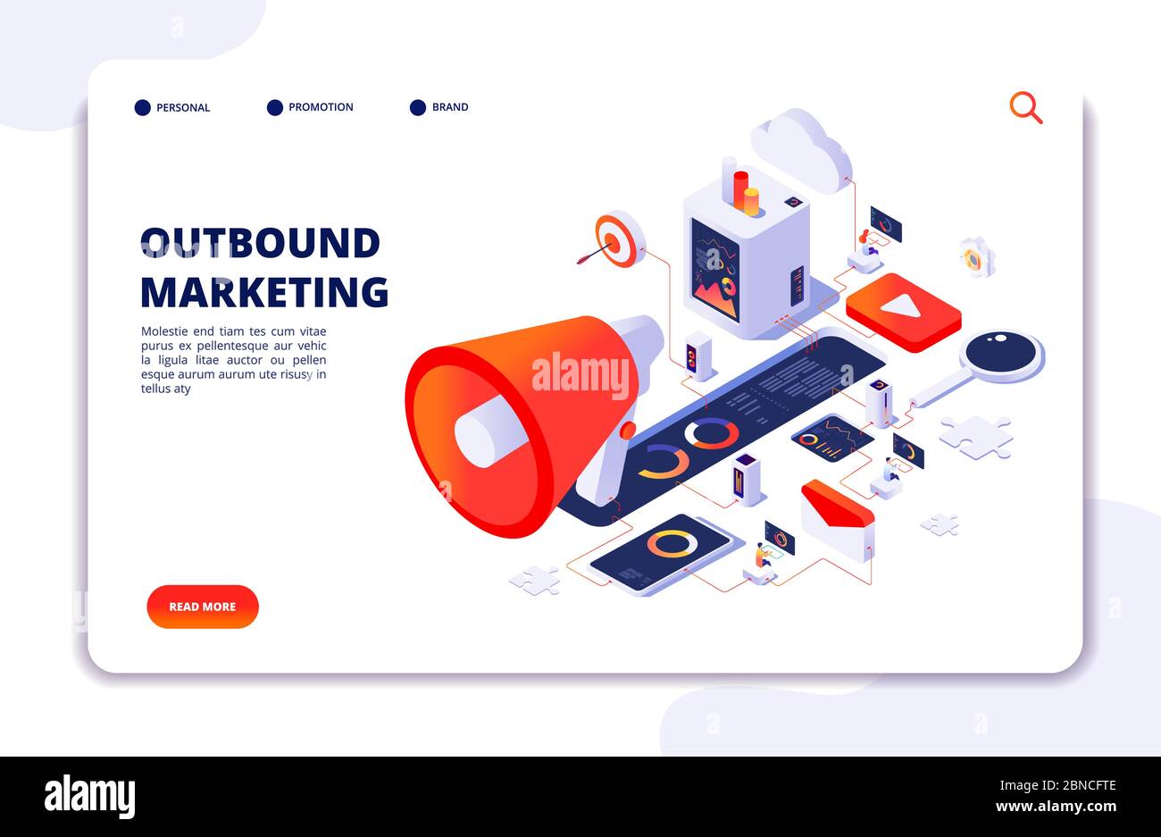 Customer outbound marketing. Online permission marketing, social media crm and business interruption vector landing page. Illustration of optimization online crm, outbound marketing seo Stock Vector