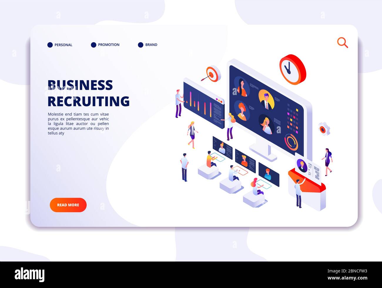 Recruitment landing page. Businessmen have interview in office. Hr employment agency, online recruitment isometric vector concept. Illustration of business recruiting online, resources people Stock Vector