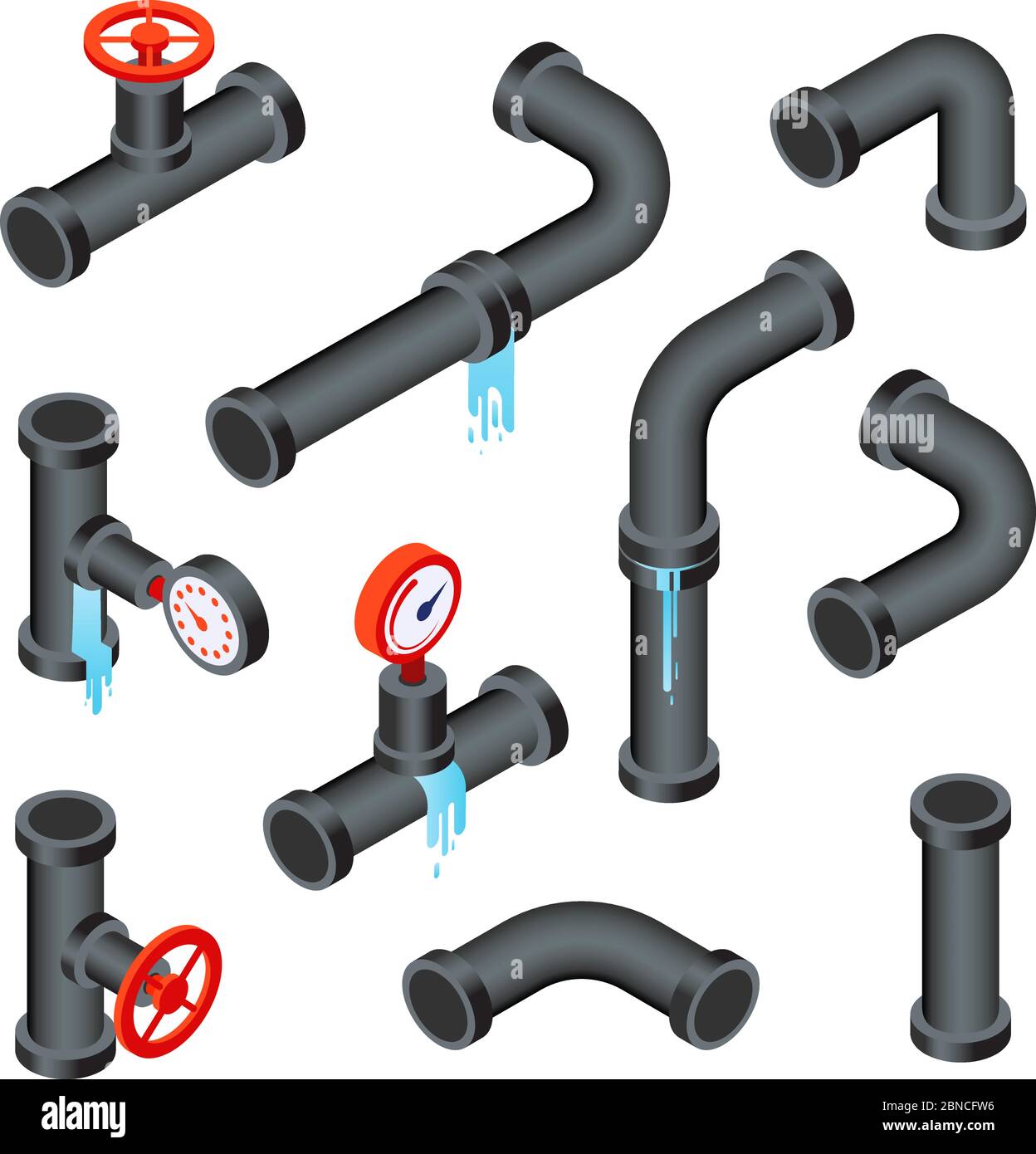 Broken pipes. Leaking water pipeline tubes. Leakage plumbing system 3d isometric vector isolated