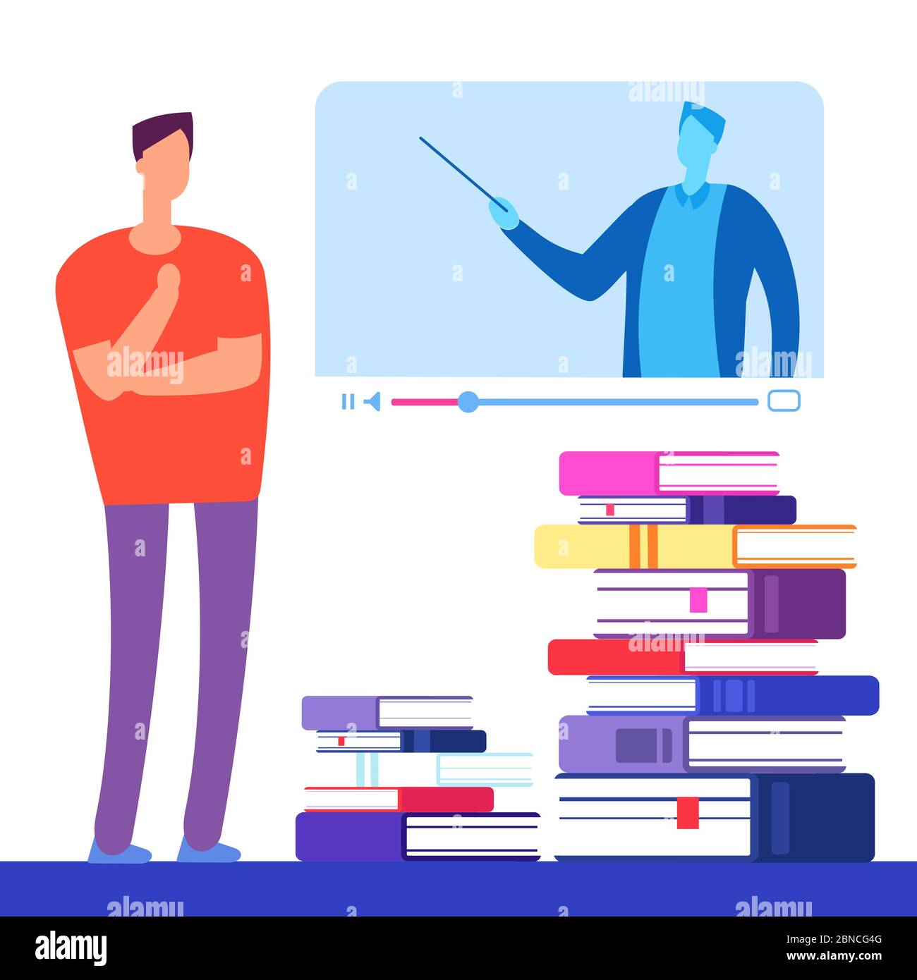 Self education with books and online courses vector concept. Illustration of education distance, e-learning video course Stock Vector