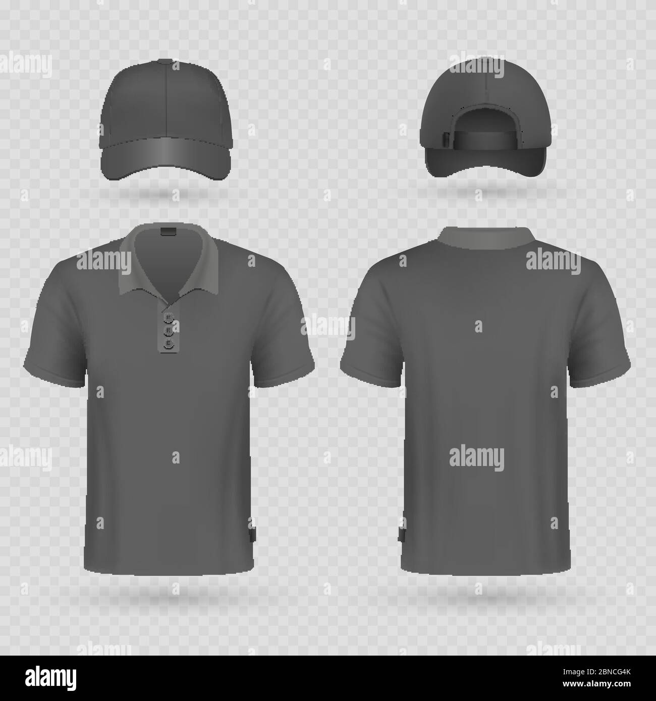 Black baseball cap and male polo t-shirt realistic vector mockup. Illustration of cap and tshirt clothes male Stock Vector