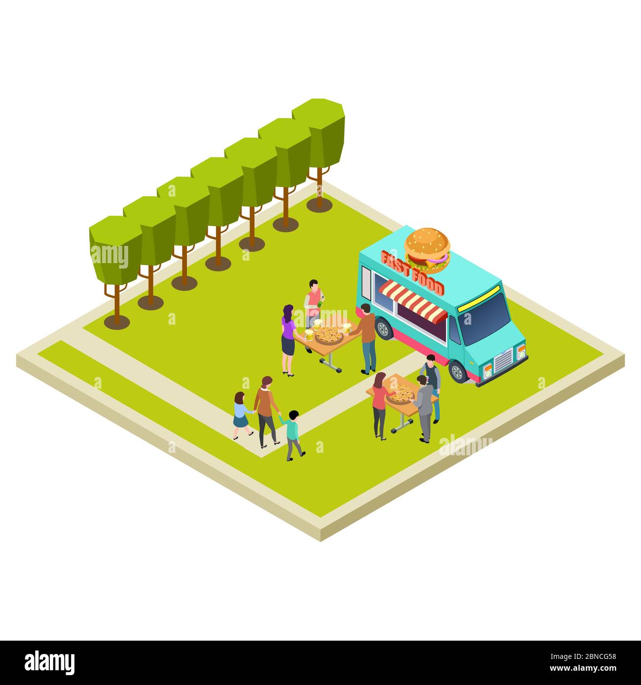 Neighborhood party in the park with burgers isometric vector location. Illustration of park party with burger street truck Stock Vector