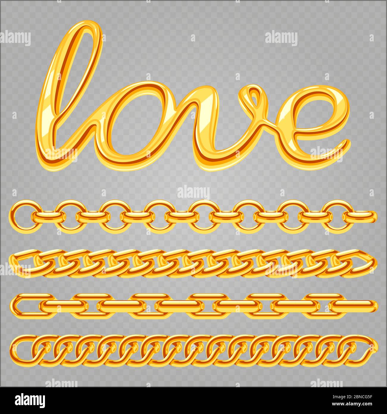 Realistic gold jewelry chain and love sign isolated on transparent background. Vector gold chain