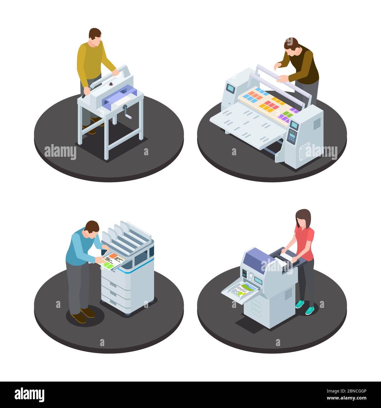 Isometric printing house icons concept with digital rotary large format and offset production types vector illustration. Isometric equipment print industry Stock Vector