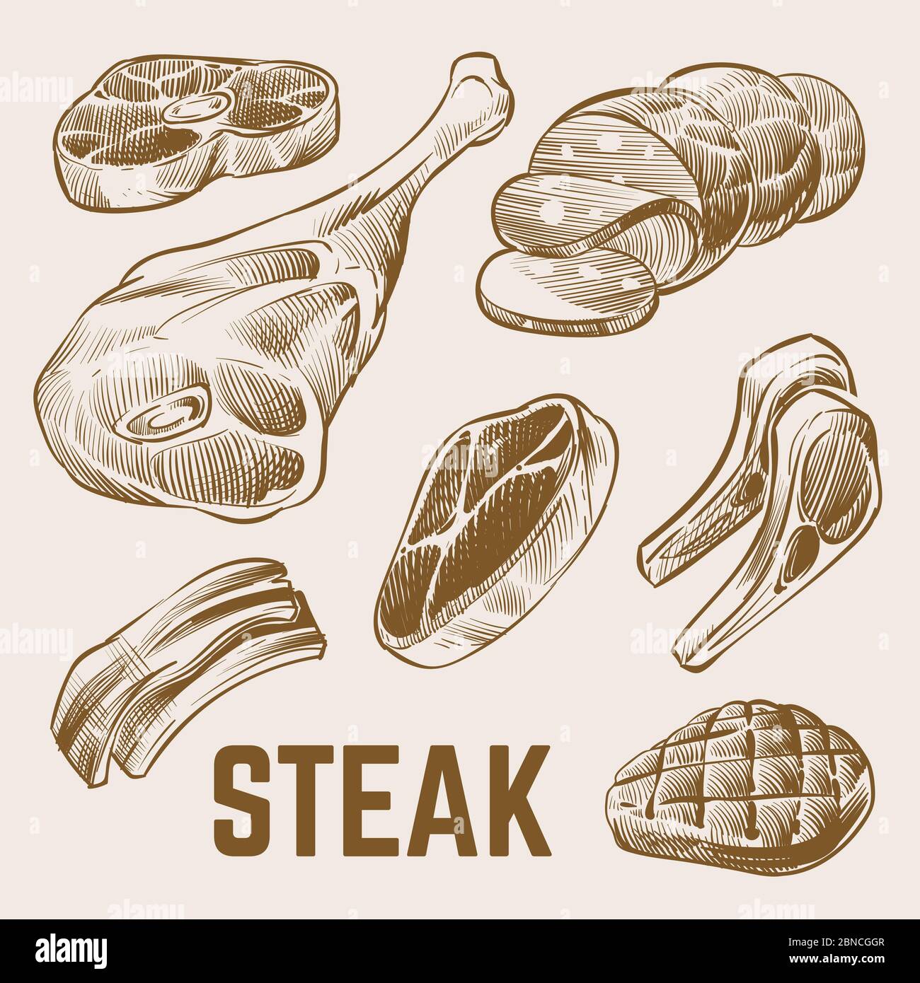 Sketch meat, hand drawn steak vector set. Meat food steak, sketch beef pork illustration Stock Vector