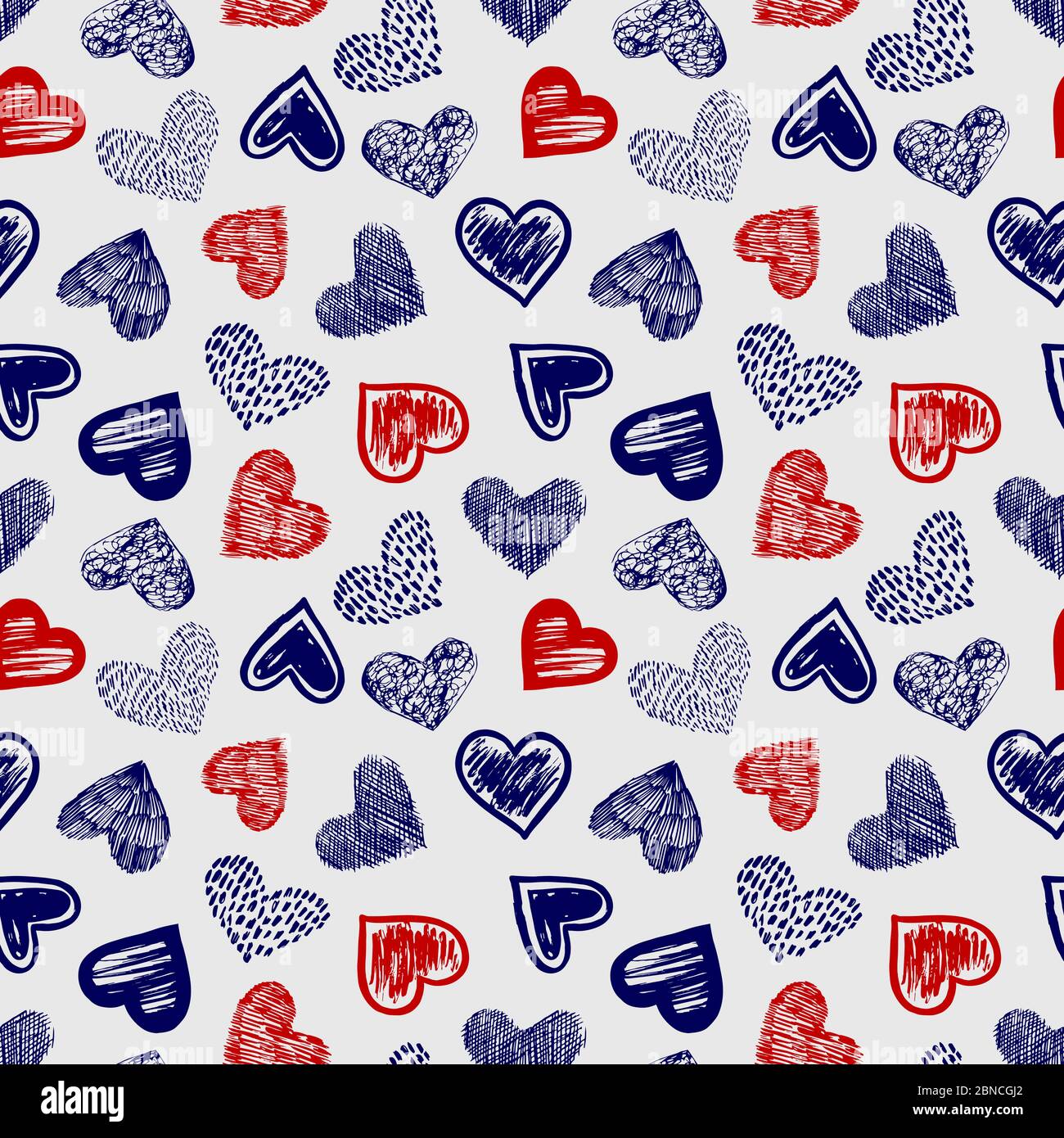 Doodle ballpoint pen drawing colored hearts seamless pattern vector illustration Stock Vector