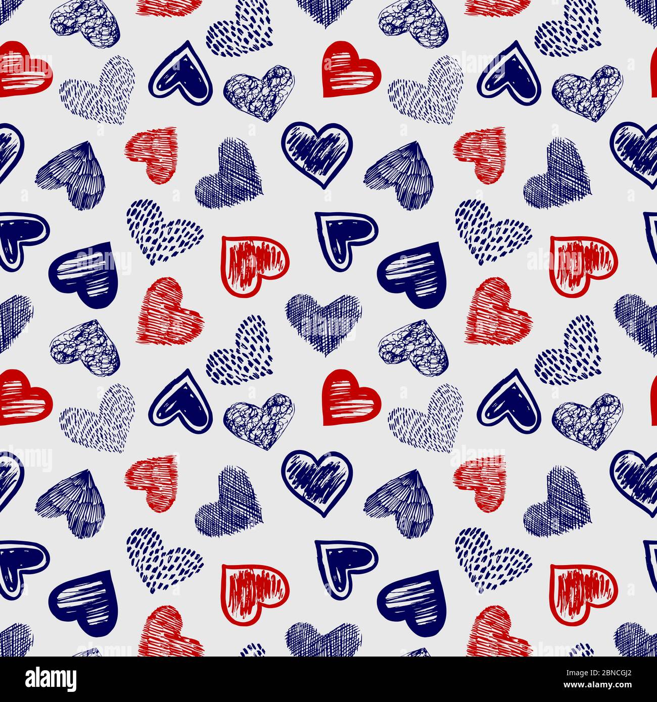 Doodle ballpoint pen drawing colored hearts seamless pattern vector illustration Stock Vector