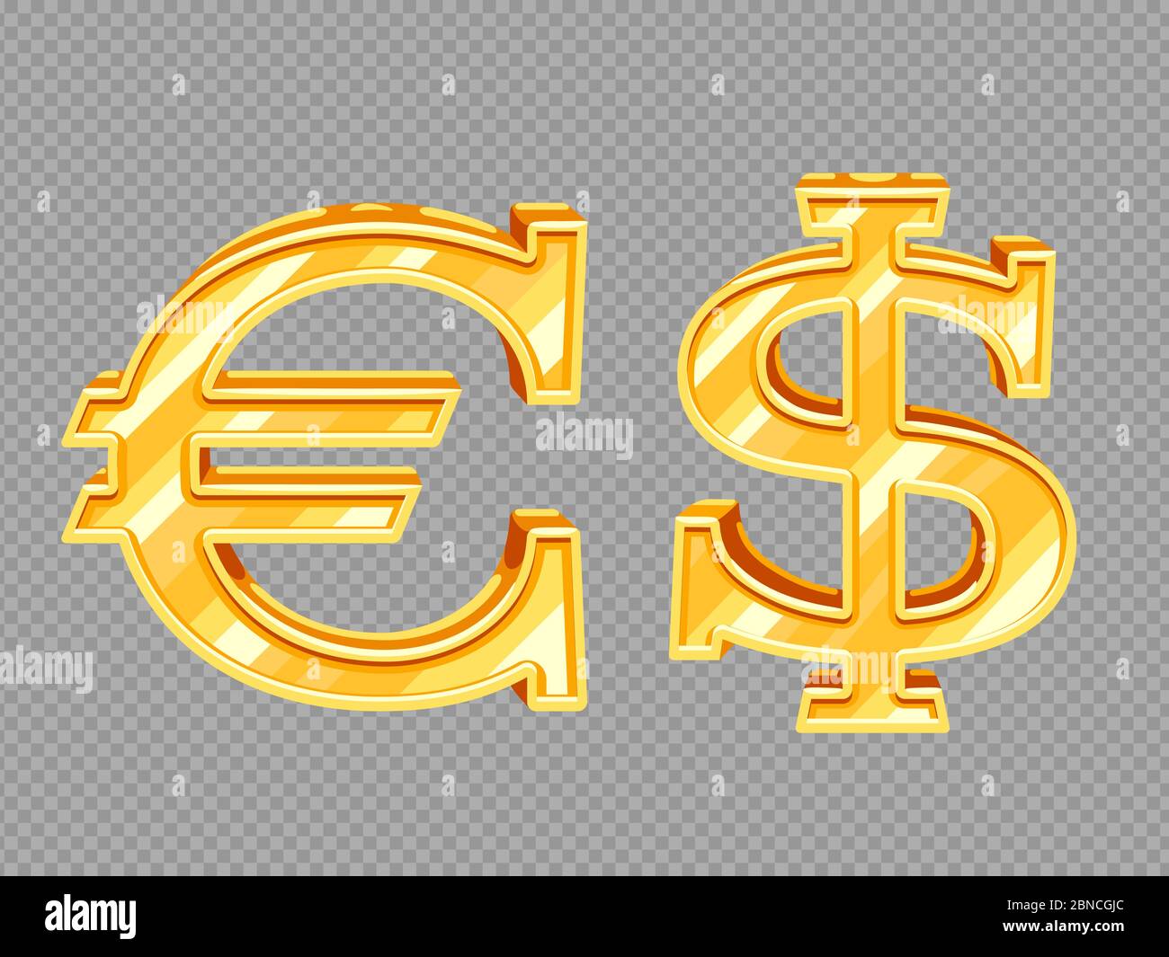 Golden vector dollar and euro signs isolated on transparent background. Illustration of euro and dollar gold symbols Stock Vector