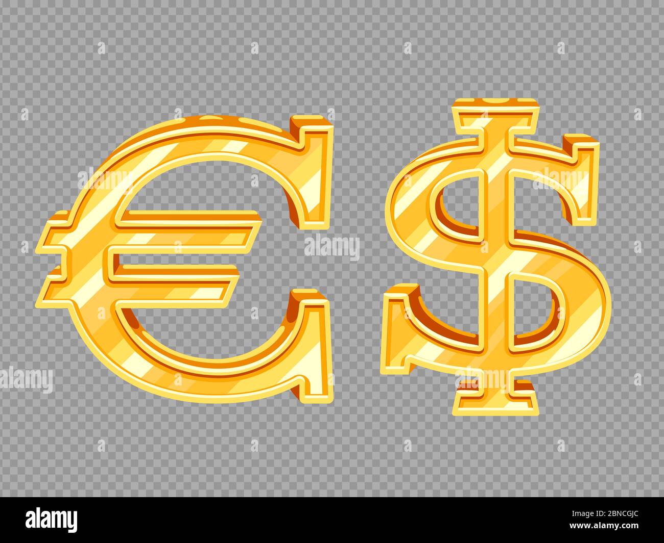 Golden vector dollar and euro signs isolated on transparent background