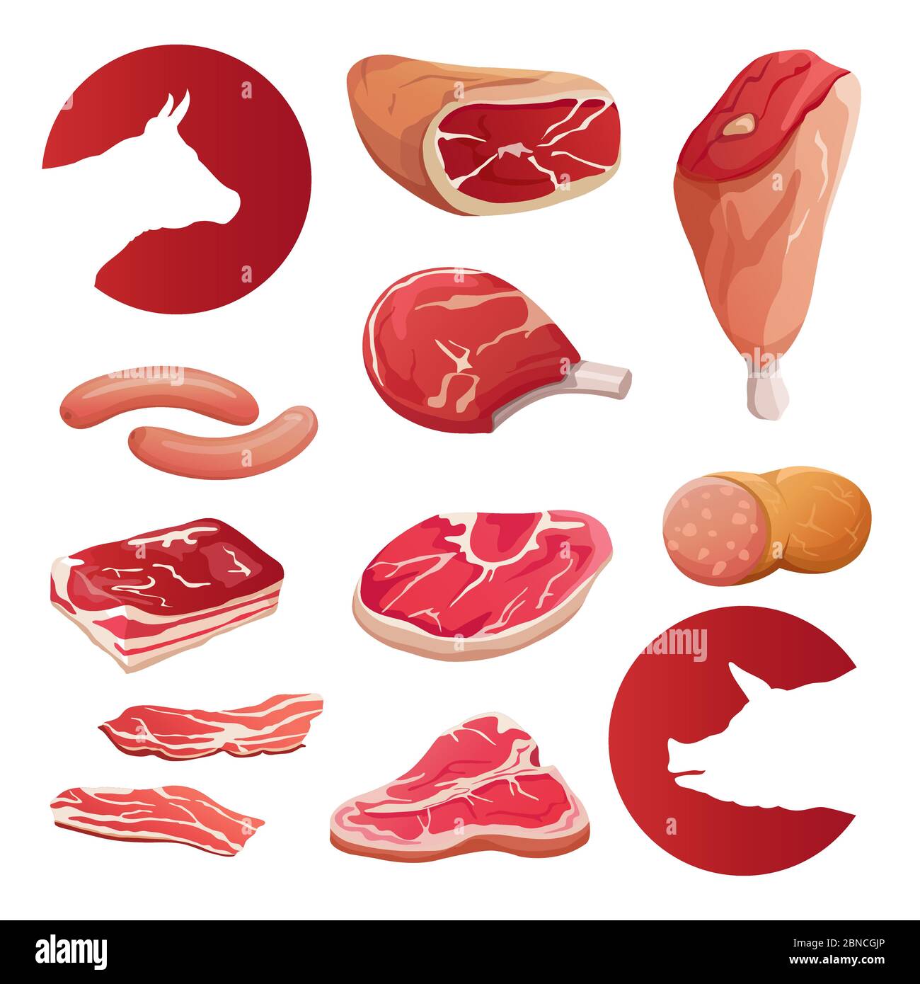 Fresh farm meat and meat product icons vector set. Illustration of food steak, meat pork and beef Stock Vector