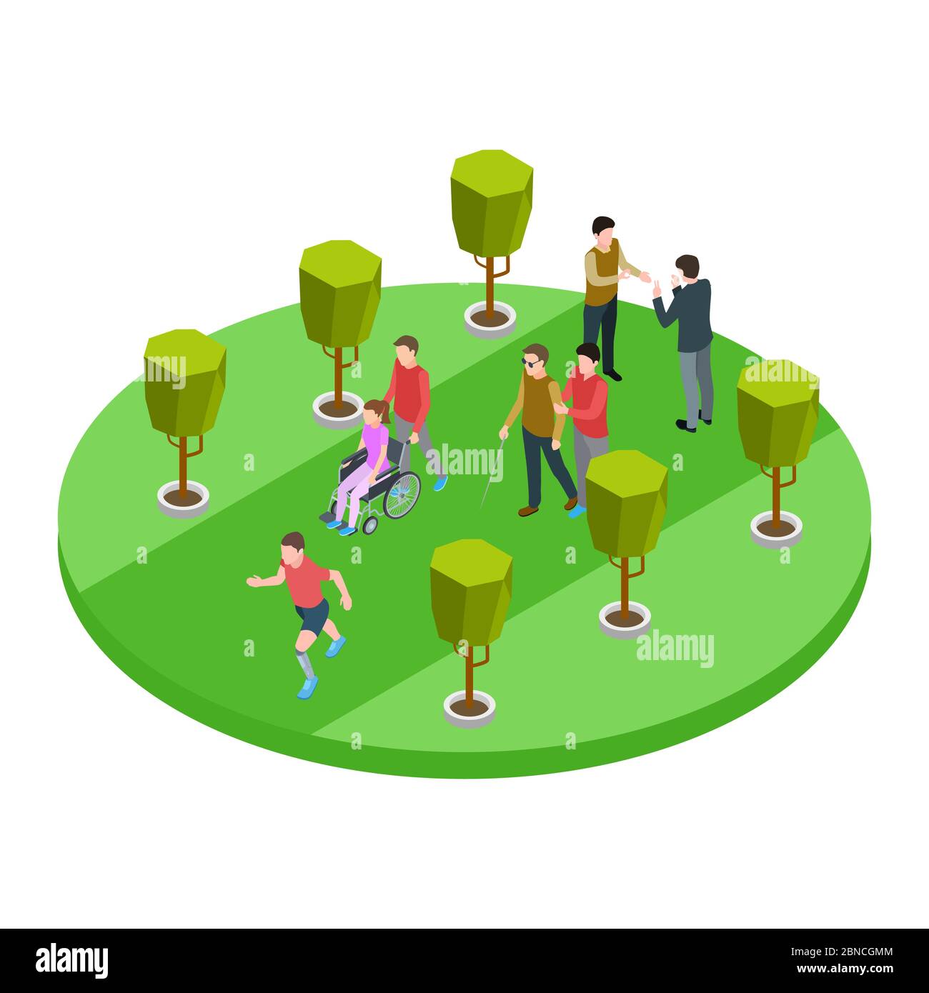 Volunteers and disabled people walk and talk isometric vector concept illustration Stock Vector