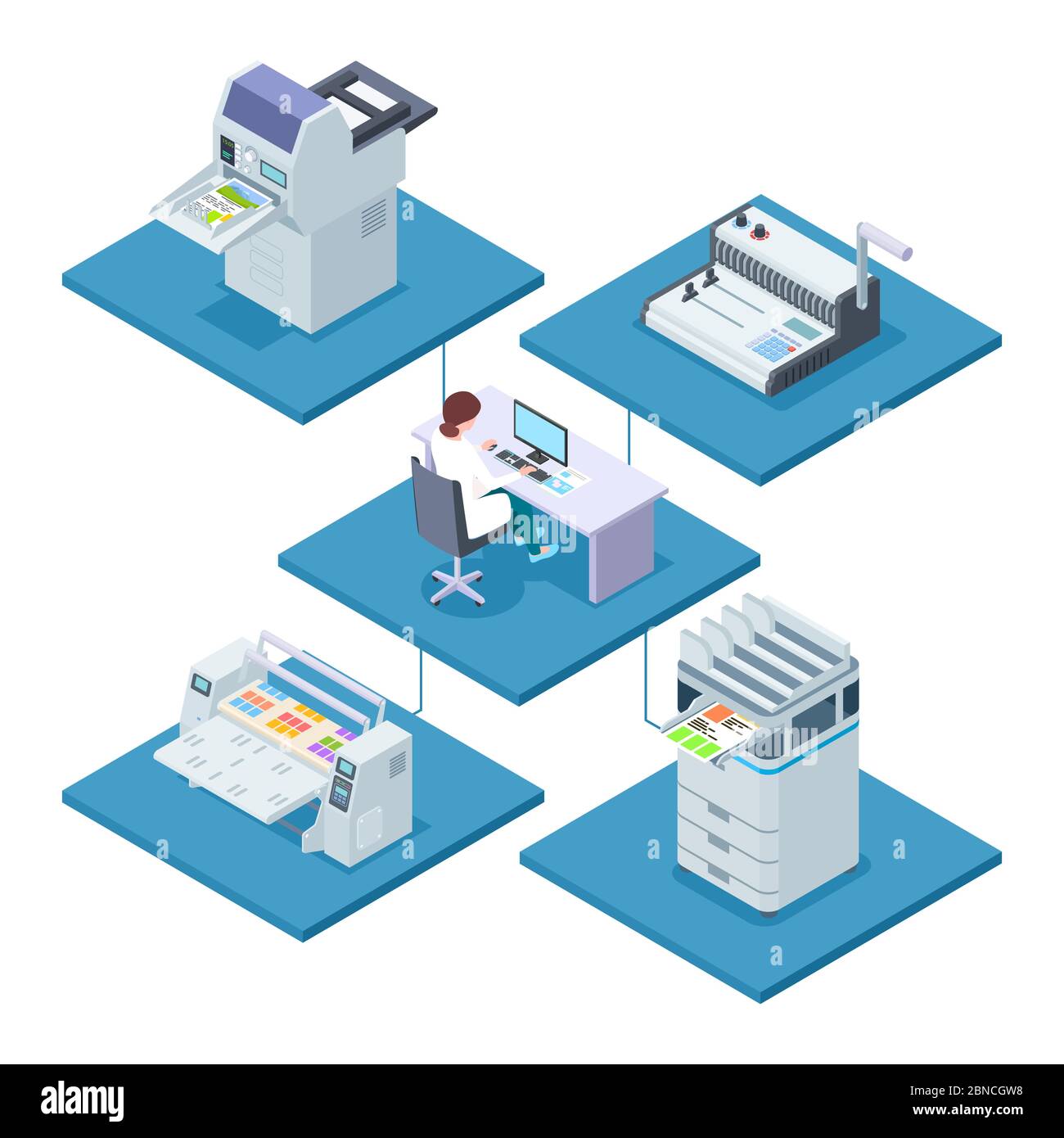 Printing house with woman opertator isometric vector concept. Woman control processing printer and multifunction electronic printshop illustration Stock Vector
