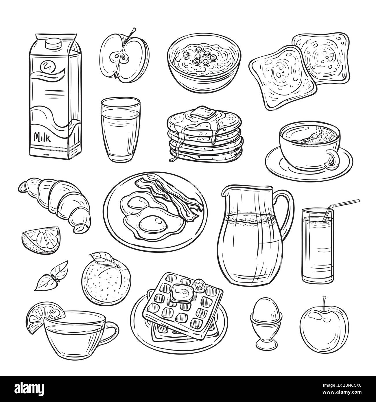 Breakfast doodle. Sandwich bread toast egg butter, morning coffee and cheese sketch healthy food vintage vector set. Sandwich and coffee to breakfast, toast and egg illustration Stock Vector
