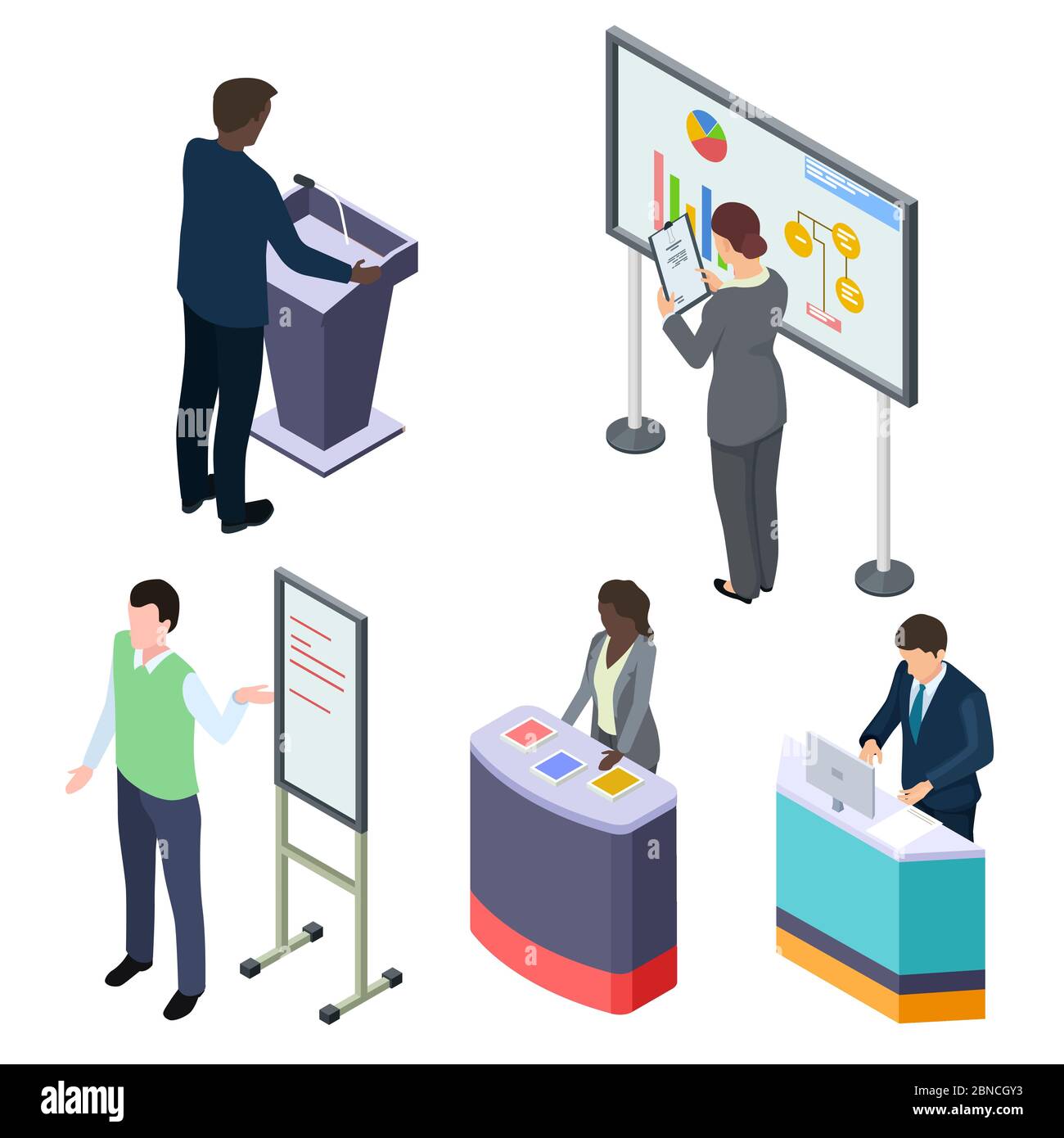 International isometric businesspeople or training lecturers or promoters vector. Illustration of promoter businessman, training and communication meeting Stock Vector