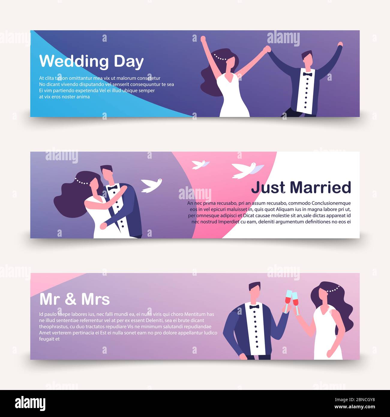 Wedding banners vector template with cartoon character. Illustration of