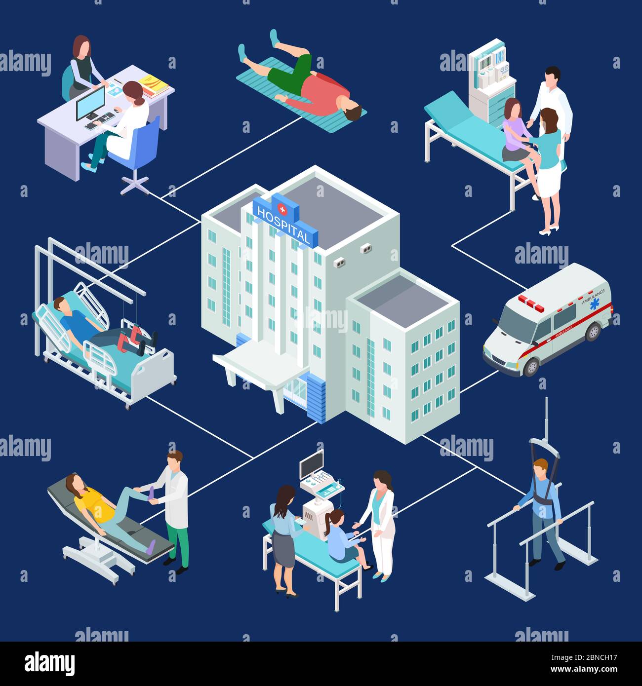Isometric multidisciplinary hospital. Vector doctors, patients, rehabilitation. Illustration of hospital isometric rehabilitation patient Stock Vector