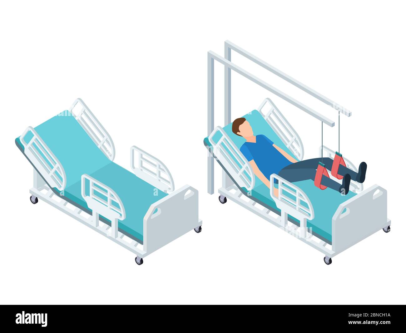 Isometric medical equipment. Physiotherapy rehabilitation equipment free and with patient vector illustration. Man rehabilitation procedure in bed Stock Vector