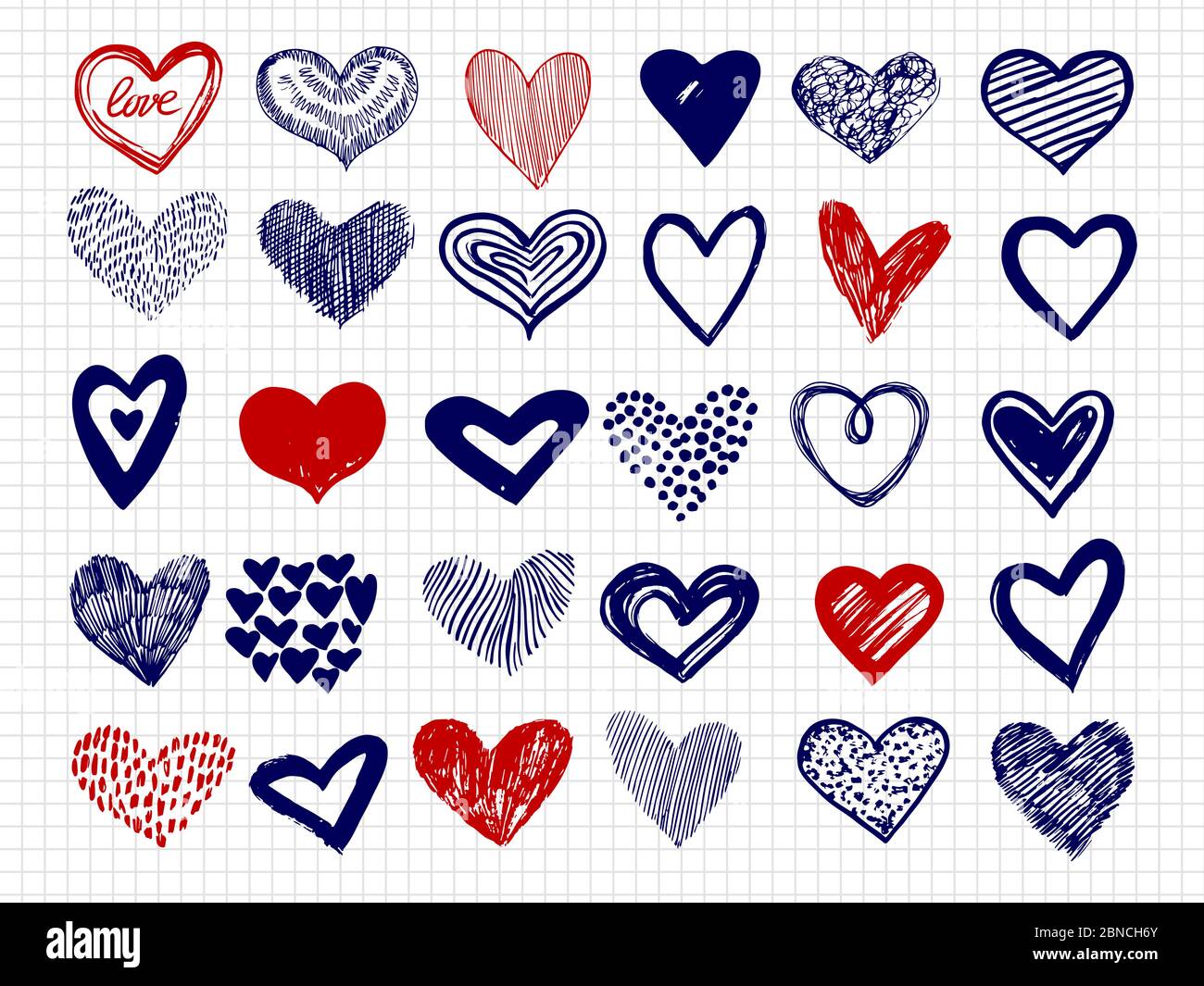 Ballpoint pen drawing doodle hearts vector big collection. Scribble sketch heart of set illustration Stock Vector