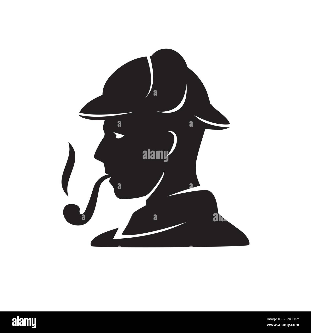 silhouette of vintage man in hat with tobacco pipe on a white isolated background. Vector image Stock Vector