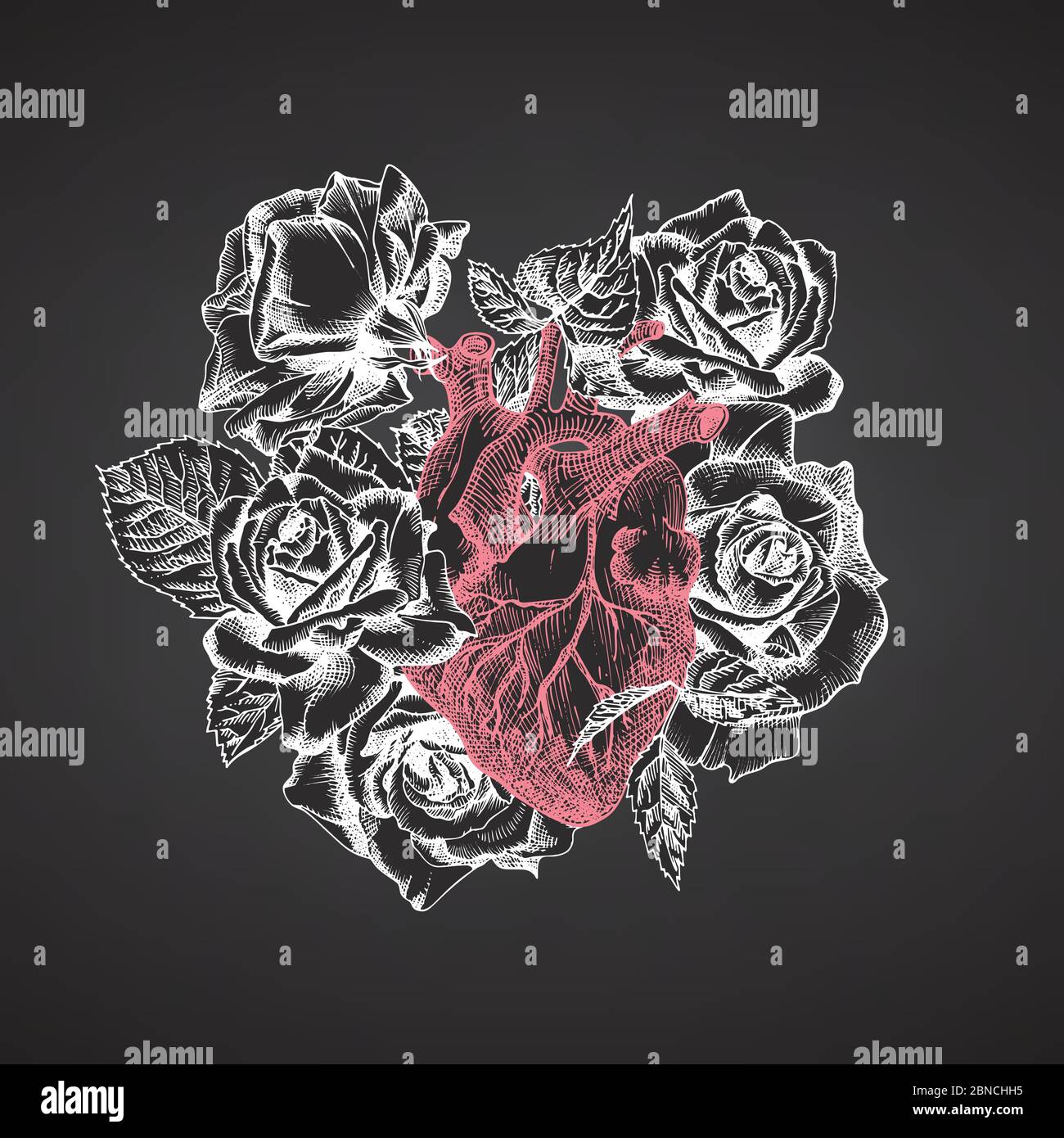 Heart with bouquet roses on chalkboard Realistic hand-drawn icon of ...