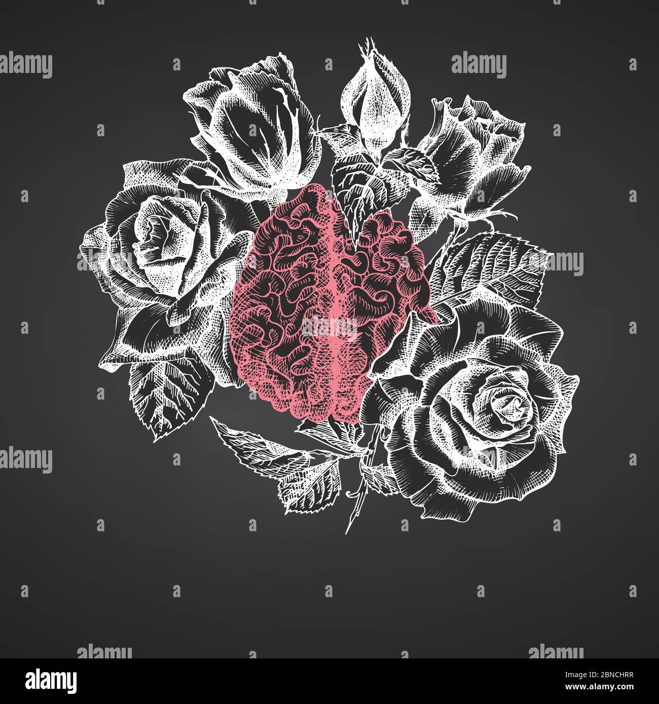 Brain with bouquet roses on chalkboard Realistic hand-drawn icon of human internal organ and flower frame. Sketch Engraving style Medical post-viral Stock Vector