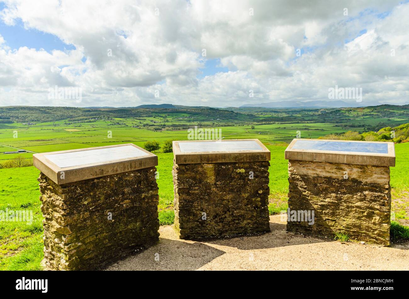 View indicator by Helsington church looking over the Lyth Valley to the high fells in the Lake District National Park Cumbria Stock Photo